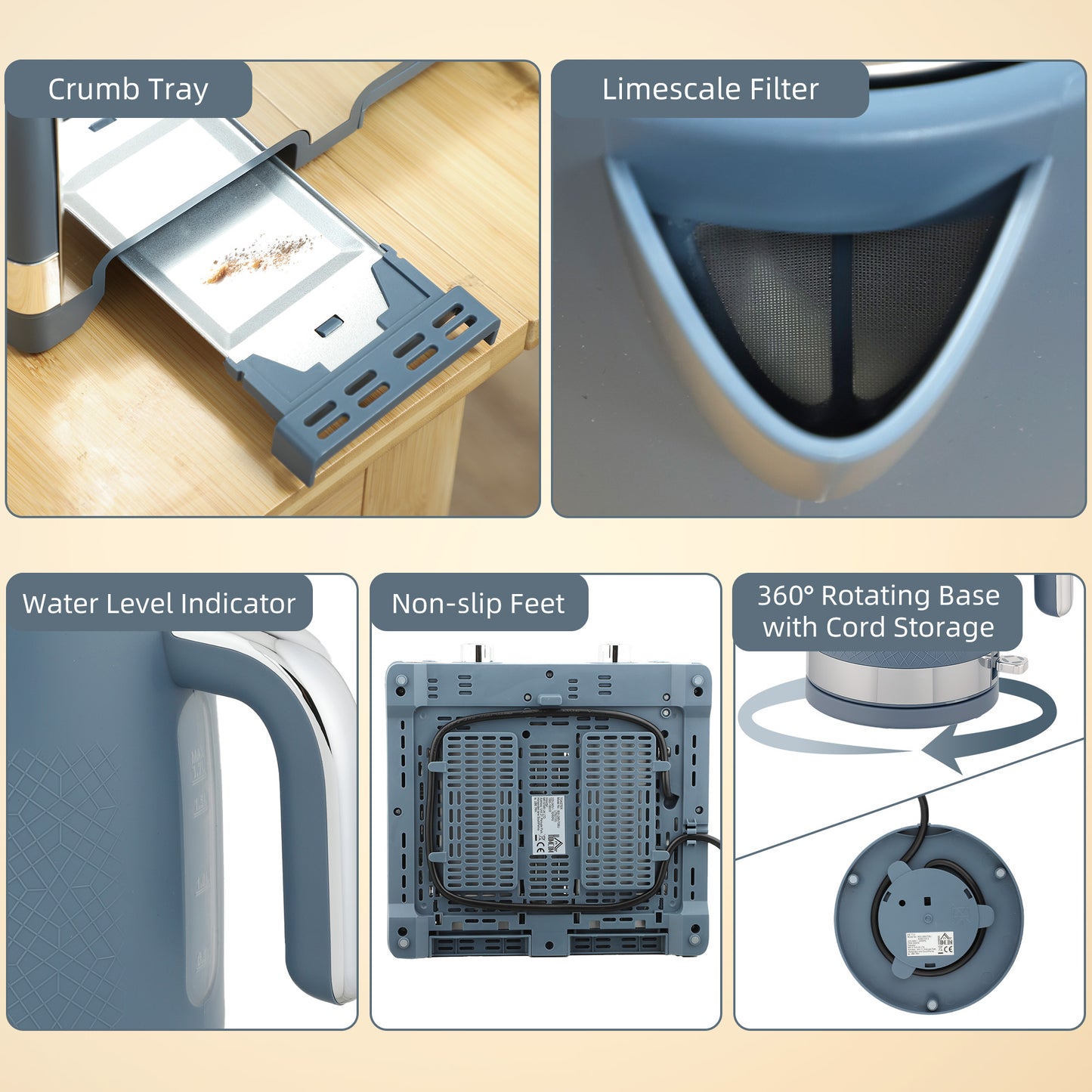 HOMCOM Kettle and Four Slice Toaster Set in Blue with Textured Finish and Otter Thermostat