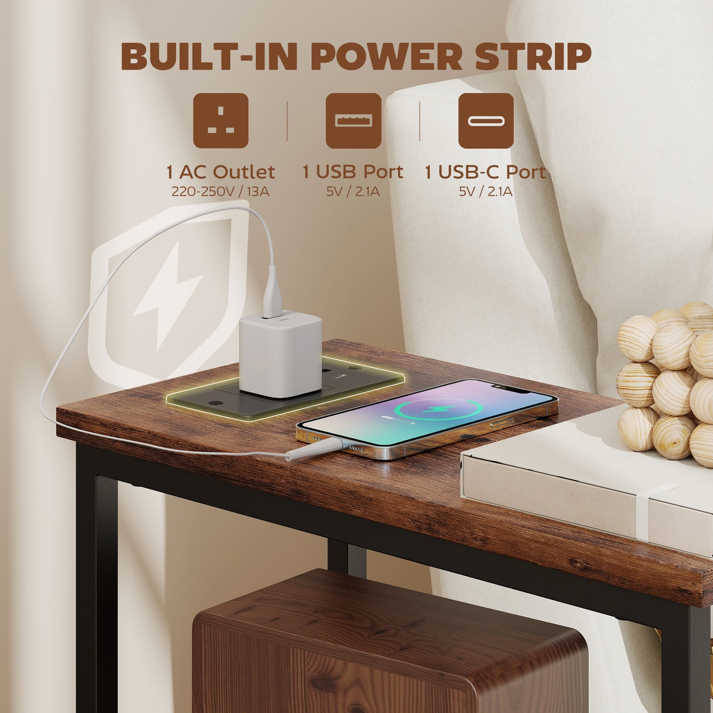 HOMCOM Narrow Bedside Table With Charging Station, 2 Drawers, AC Outlet, 2 USB Ports