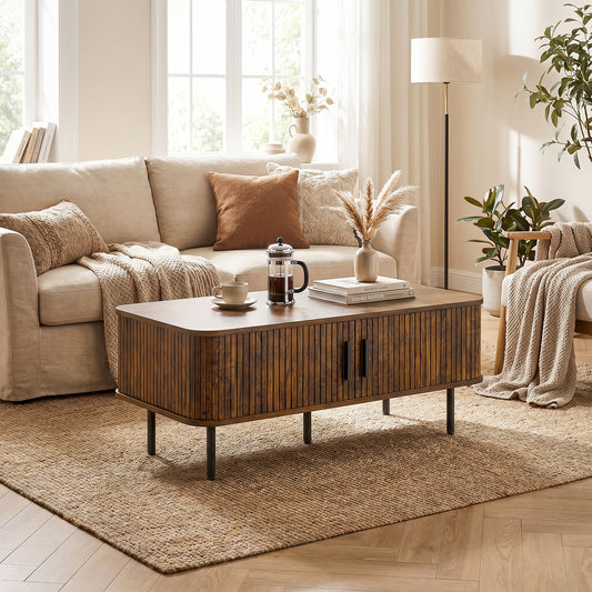 HOMCOM Coffee Table With Storage Slatted Tambour Sliding Doors Elevated Base Rustic Brown For Living Room