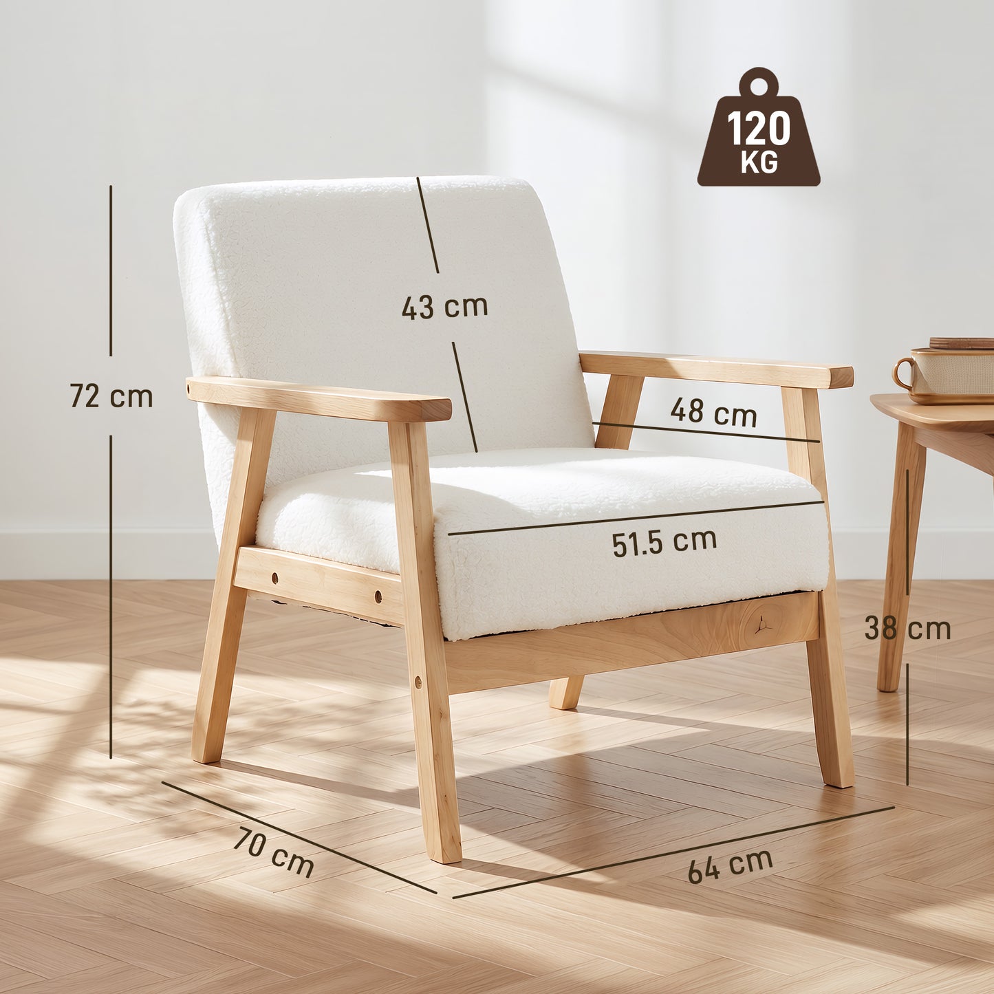 HOMCOM Modern Armchair Sherpa Fleece Upholstered Accent Chair With Solid Wood Legs And Wide Seat Cream White