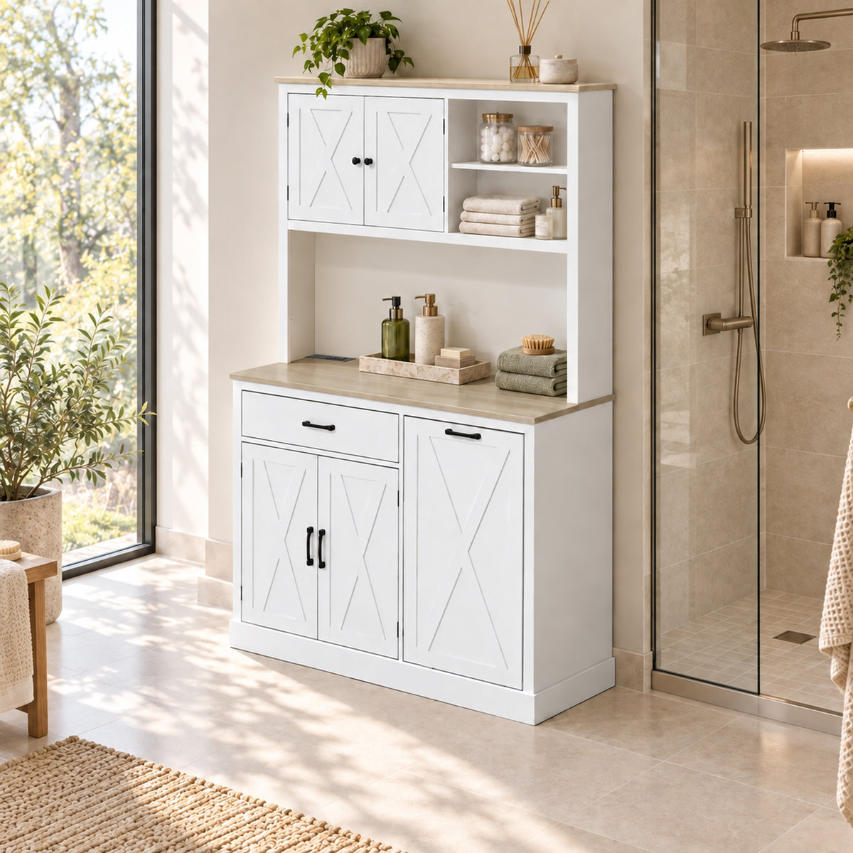 White pantry cabinet with open upper shelves and lower doors for kitchen storage