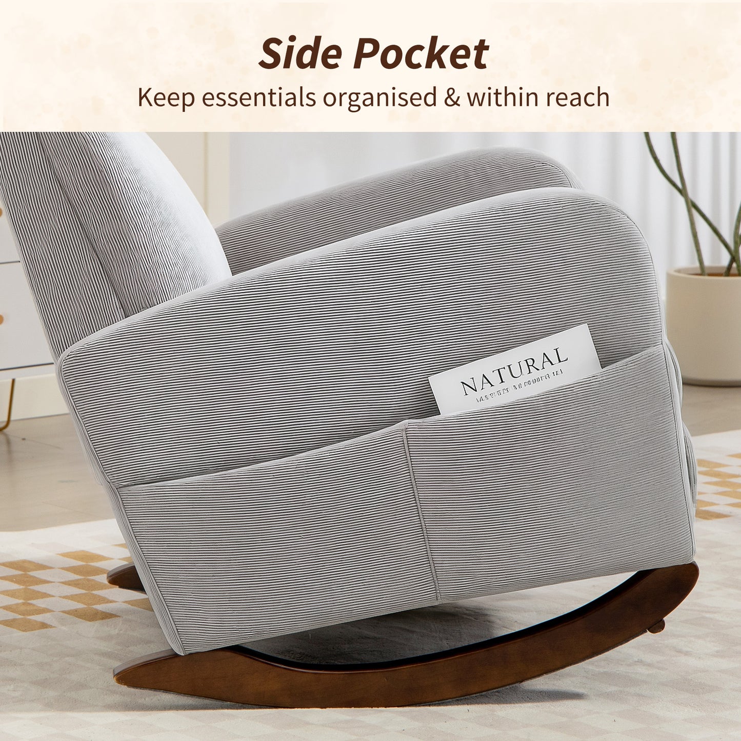 HOMCOM Corduroy Rocking Armchair Grey With Plush Padding And Gentle 11 Degree Rocking Base