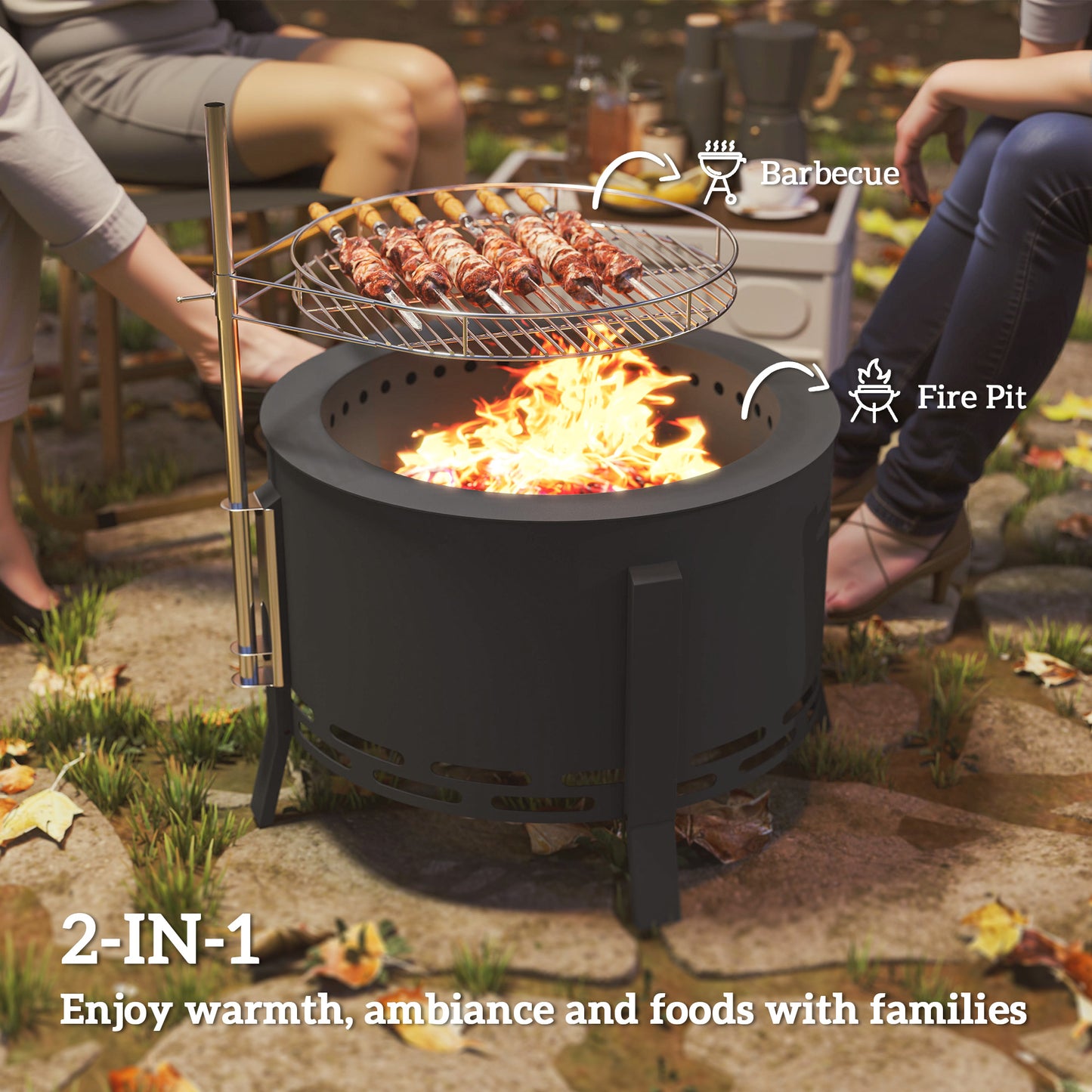 Outsunny Portable Fire Pit 58 cm Round With Grill Grate Ash Catcher And Poker For Garden Camping Bonfire BBQ Black