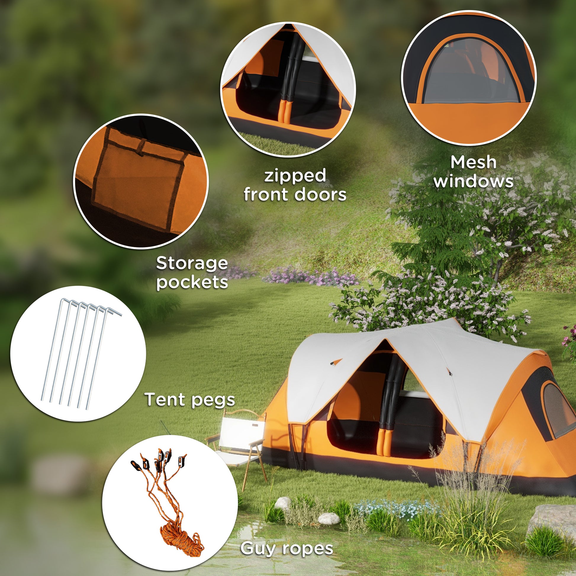 Outsunny Spacious 6-8 Person Waterproof Camping Tent with Removable Rainfly and Carry Bag, Orange - ALL4U RETAILER LTD