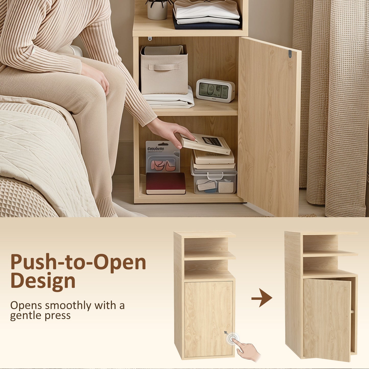 HOMCOM Slim Bedside Table Set Of 2 Narrow Cabinets With Open Cubbies And Cupboard In Oak Finish For Bedroom Living Room