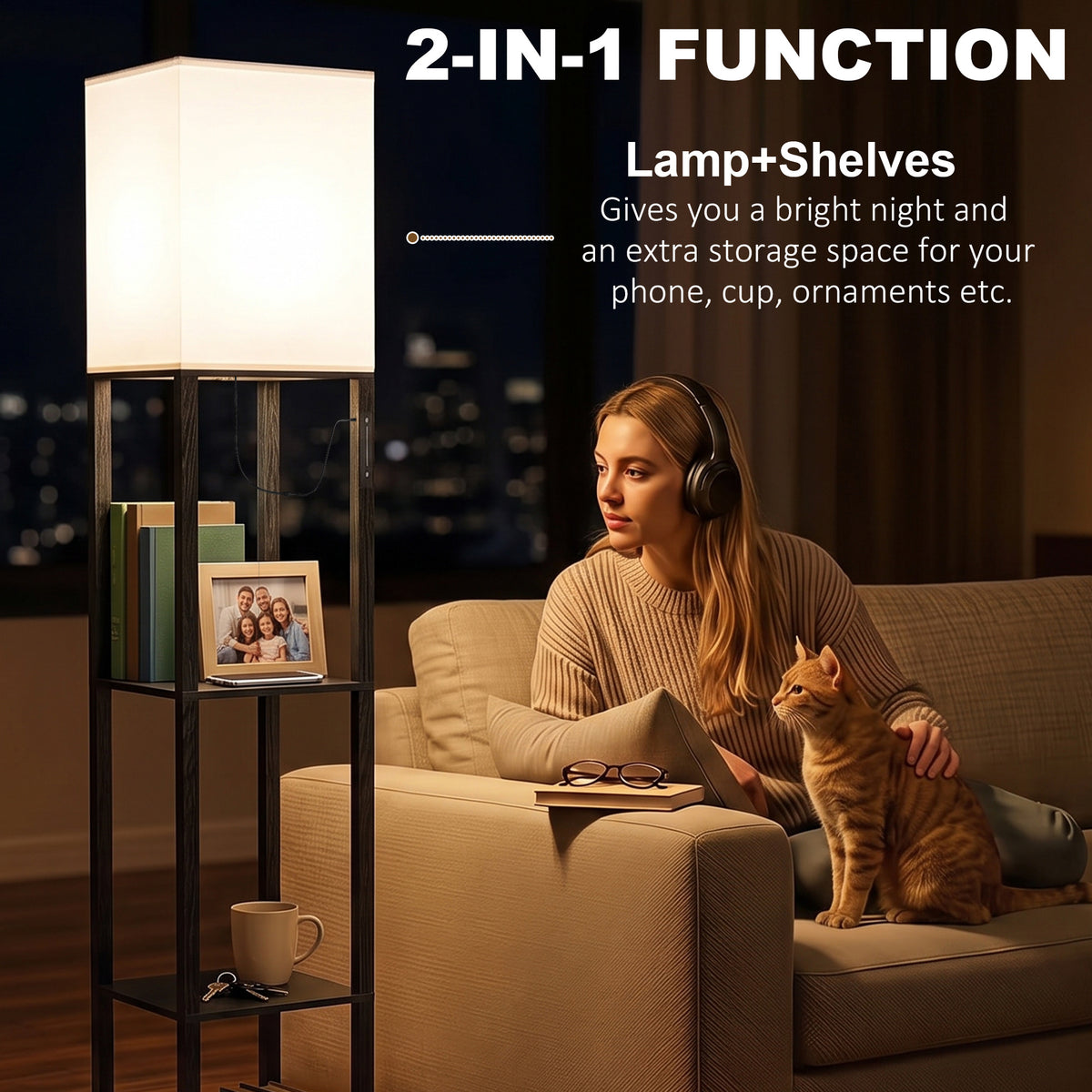Tall floor lamp with fabric shade and open shelving, glowing light beside sofa