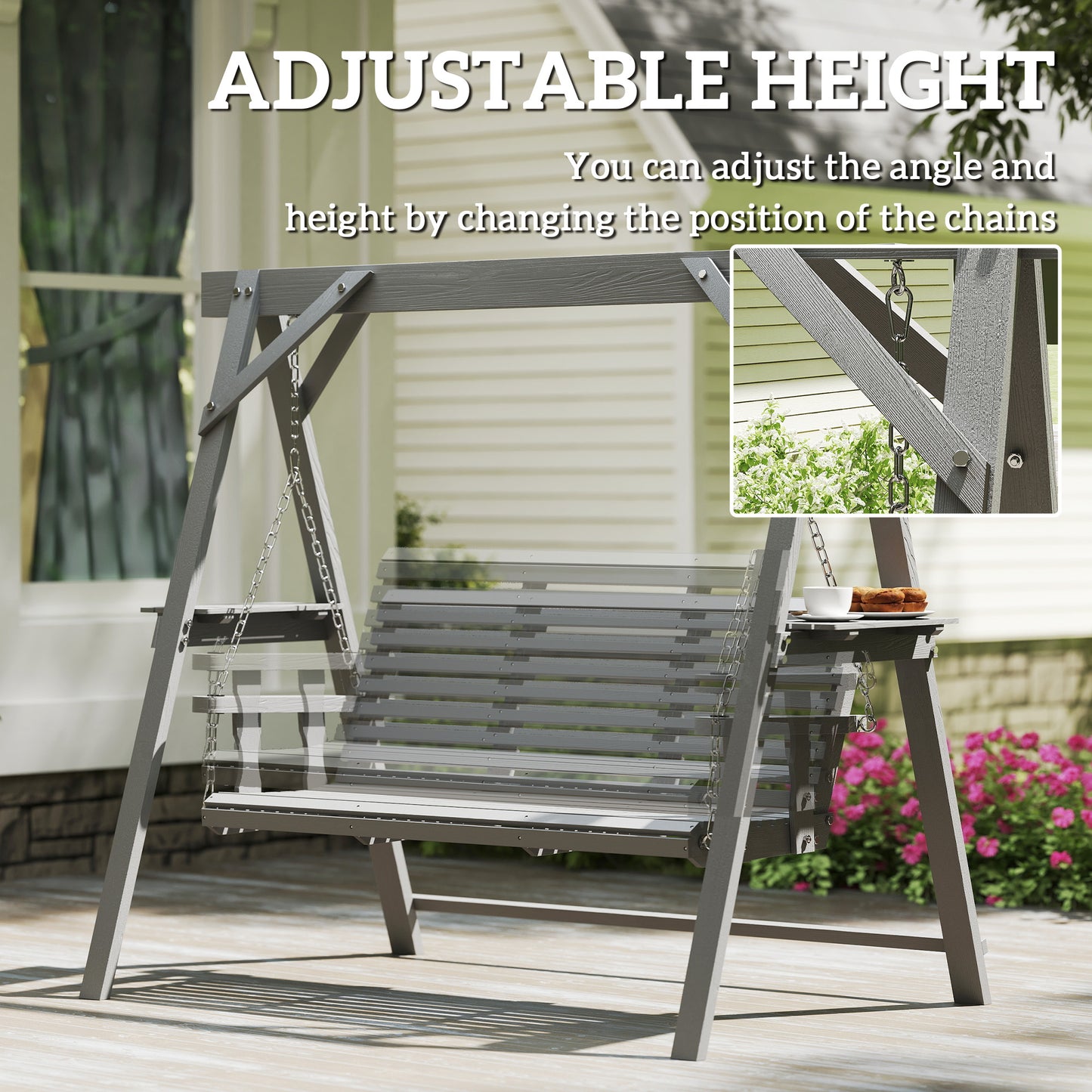 Outsunny Three Seater Wooden Swing Bench With Side Tables Outdoor Garden Furniture In Dark Grey