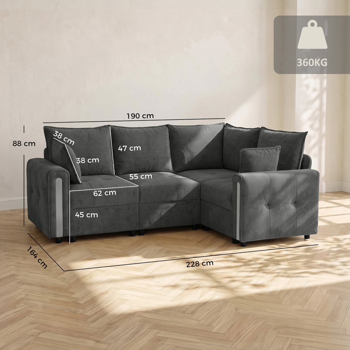 Dark grey L-shaped sectional sofa with labeled dimensions and squared track arms