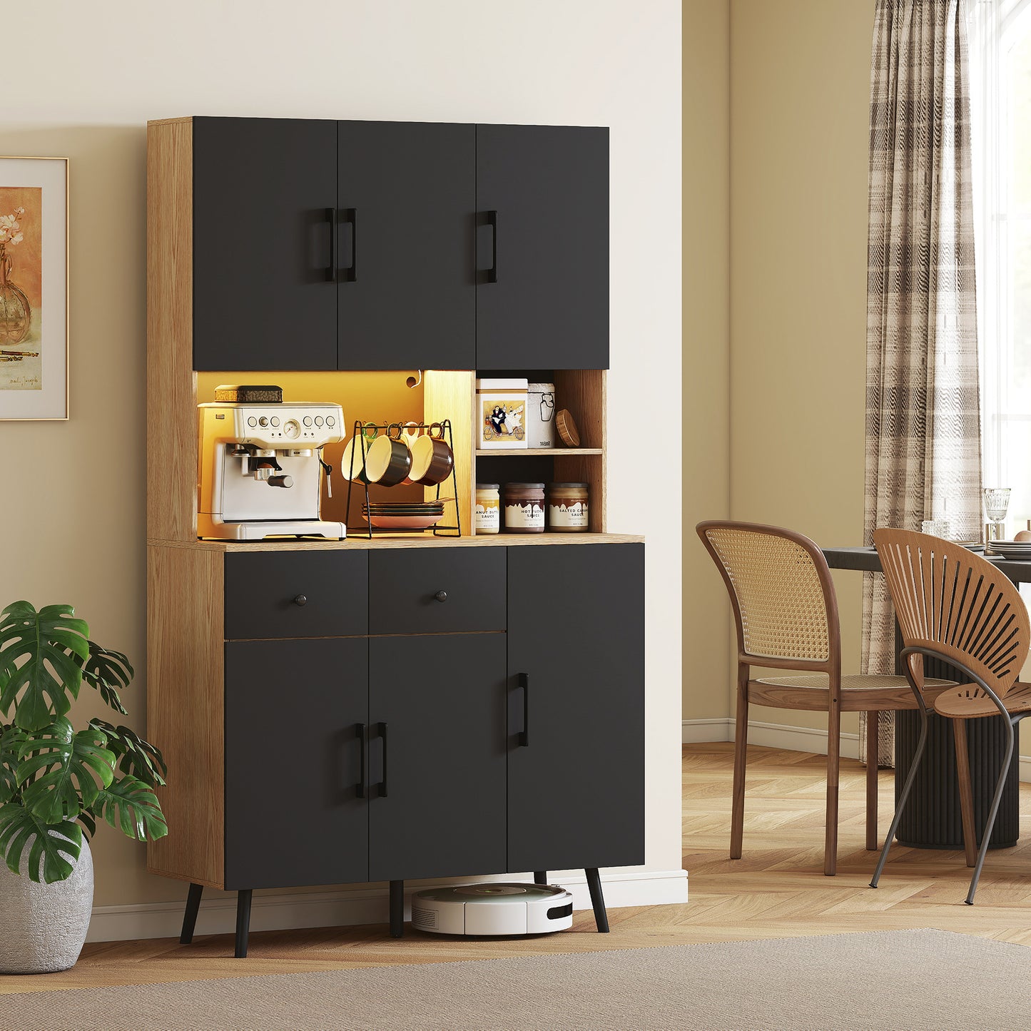 HOMCOM 176 Cm Kitchen Cupboard With LED Lights Oak And Black RGB Mood Lighting Over Sixty Thousand Colours