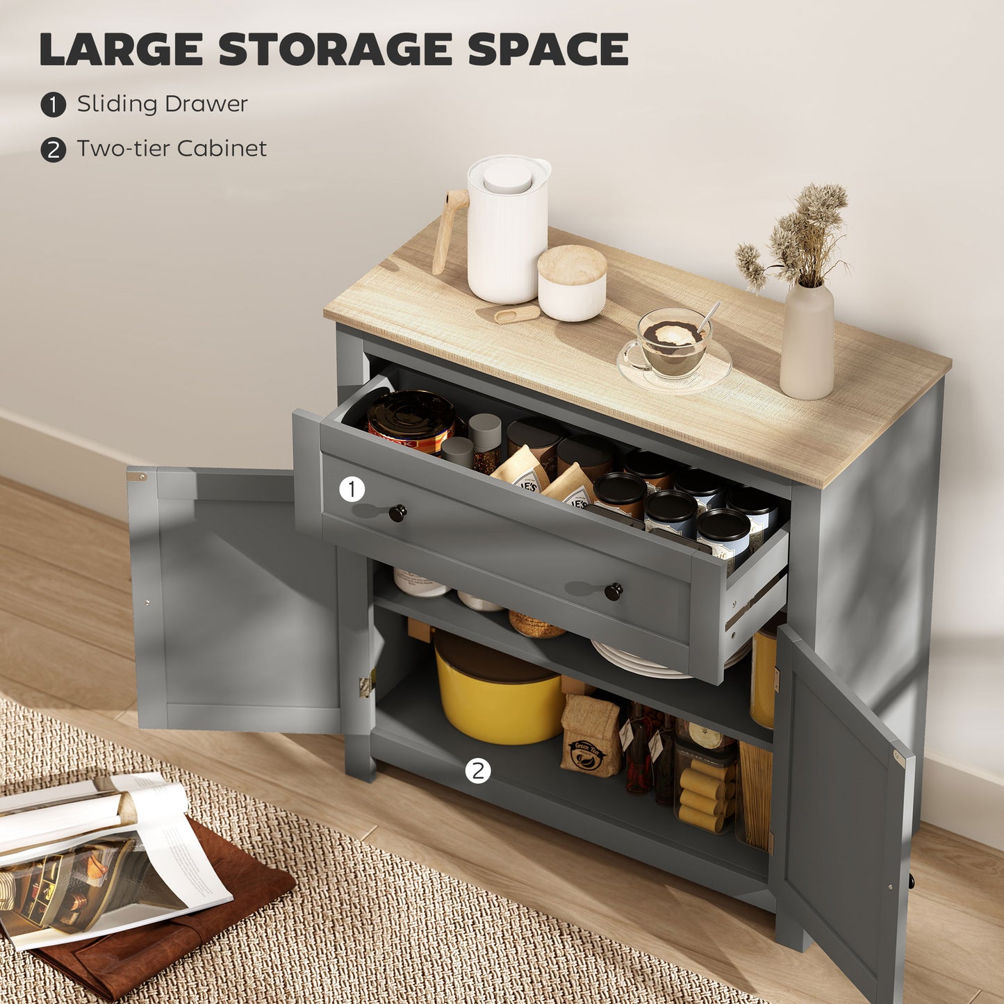 HOMCOM Sideboard Storage Cabinet With Adjustable Shelf Drawer And Double Doors Grey For Living Room Dining Room Hallway