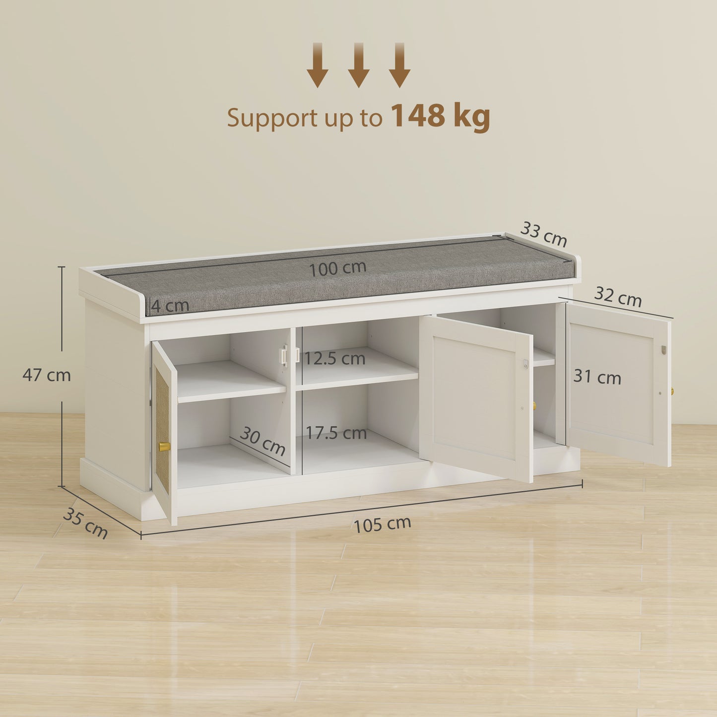 HOMCOM Shoe Storage Bench With Woven Rattan Doors And Soft Removable Cushion White