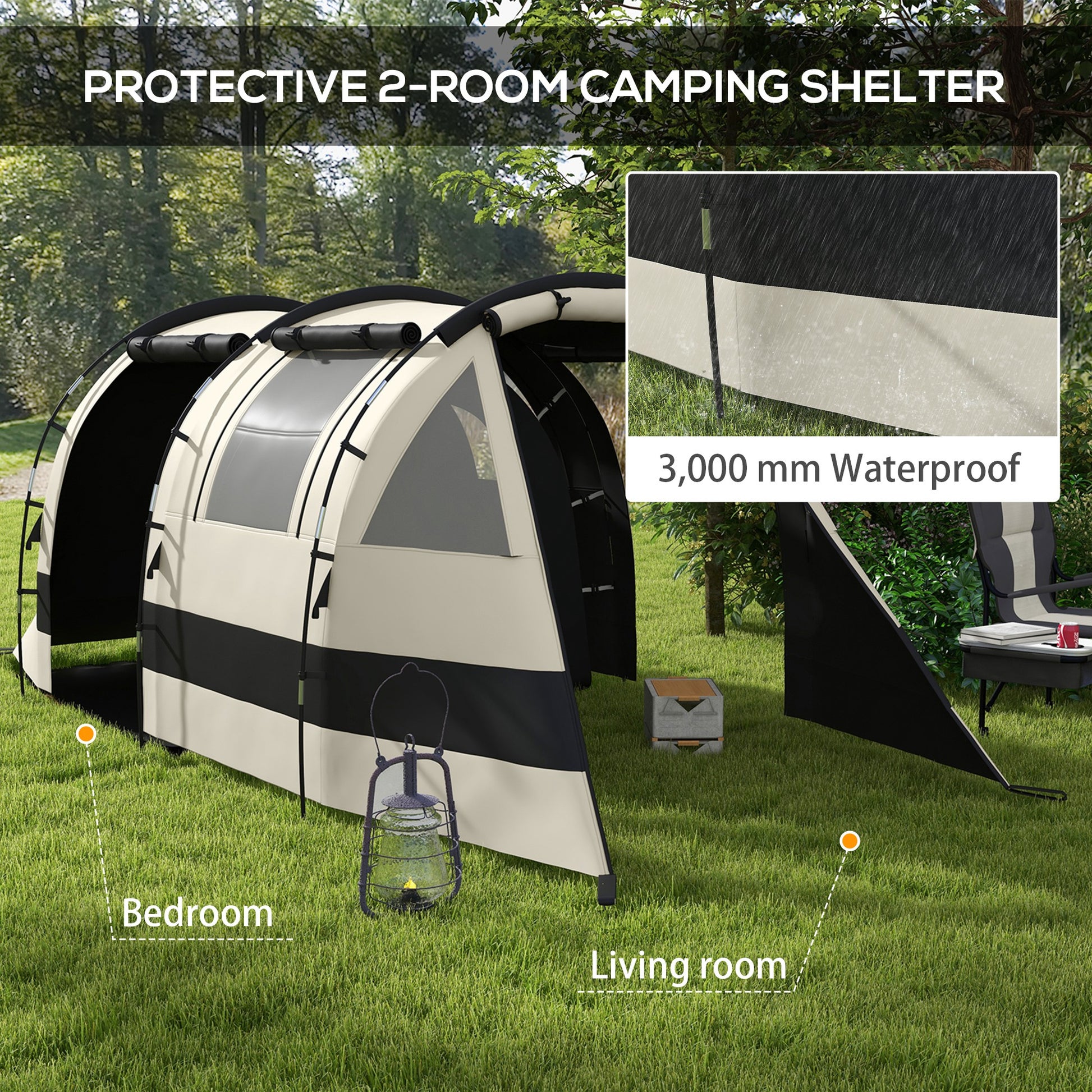 Outsunny Waterproof Blackout Tunnel Tent for 4-5 People with Bedroom and Living Space, Khaki - ALL4U RETAILER LTD