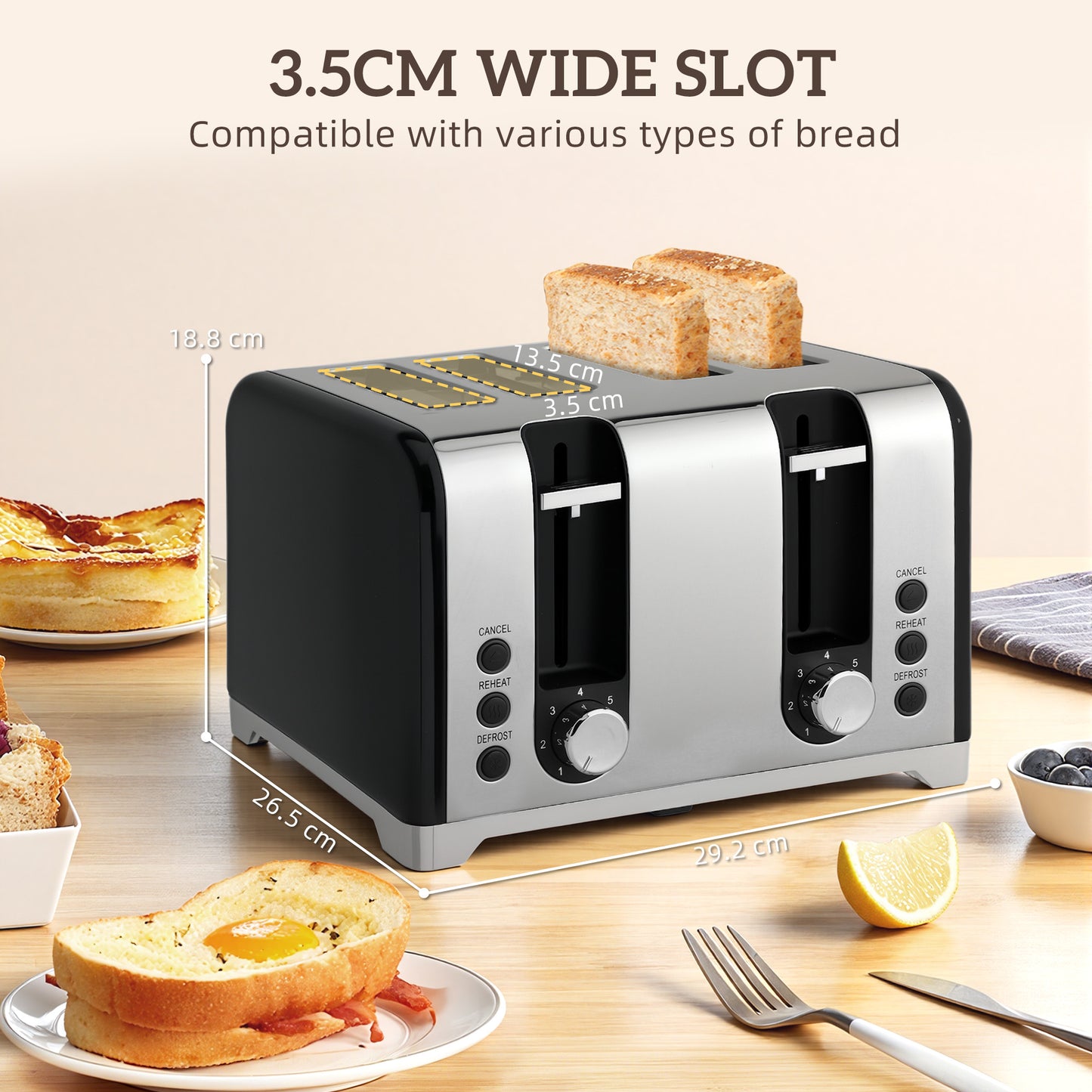 HOMCOM Retro 3000W Kettle and Toaster Set Black with 1.7L Kettle Capacity for Seven Cups