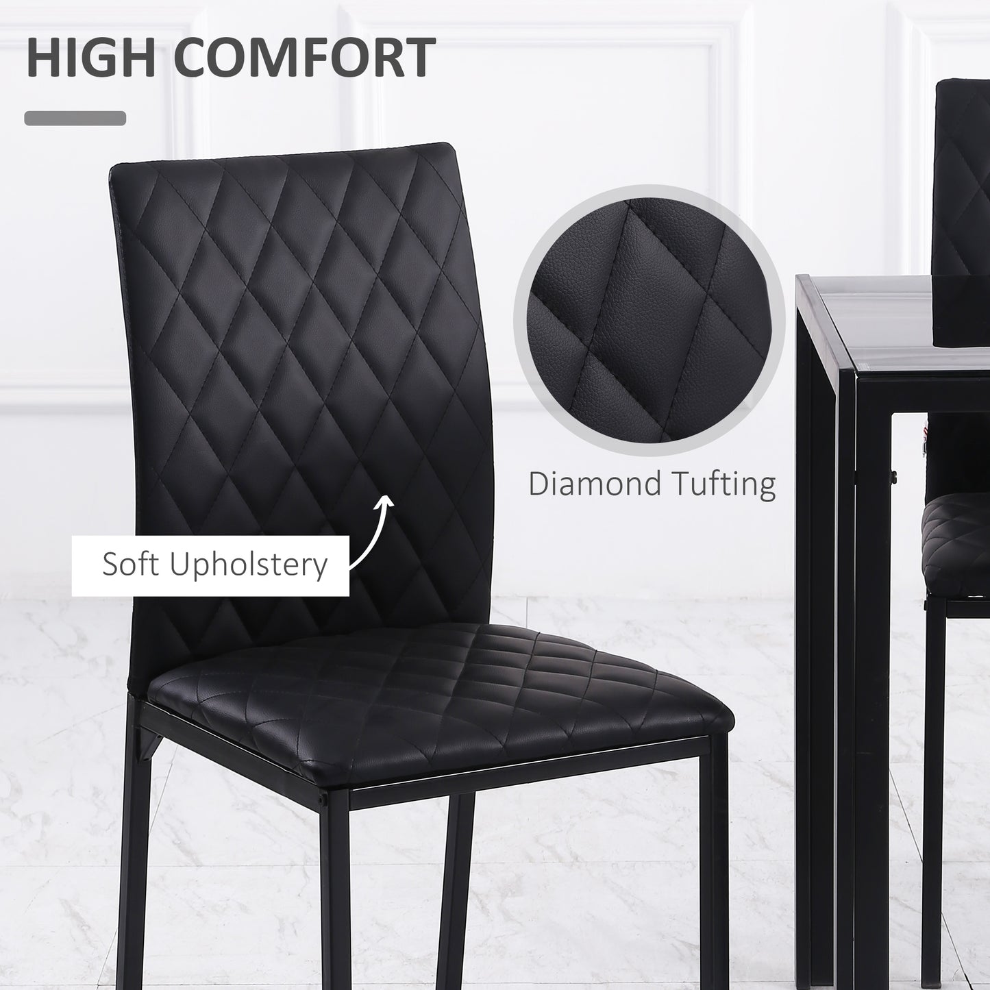 HOMCOM 5 Piece Dining Set With Glass Top Table And Quilted PU Leather Chairs In Black Kitchen
