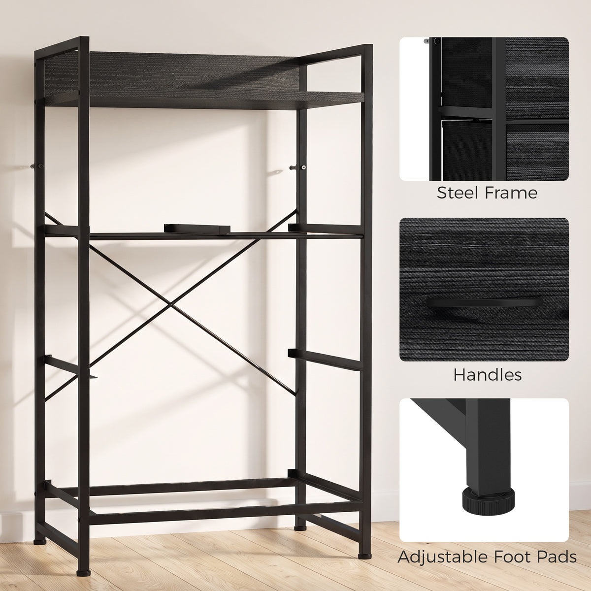 Black steel-framed cabinet with fabric drawers and adjustable foot pads