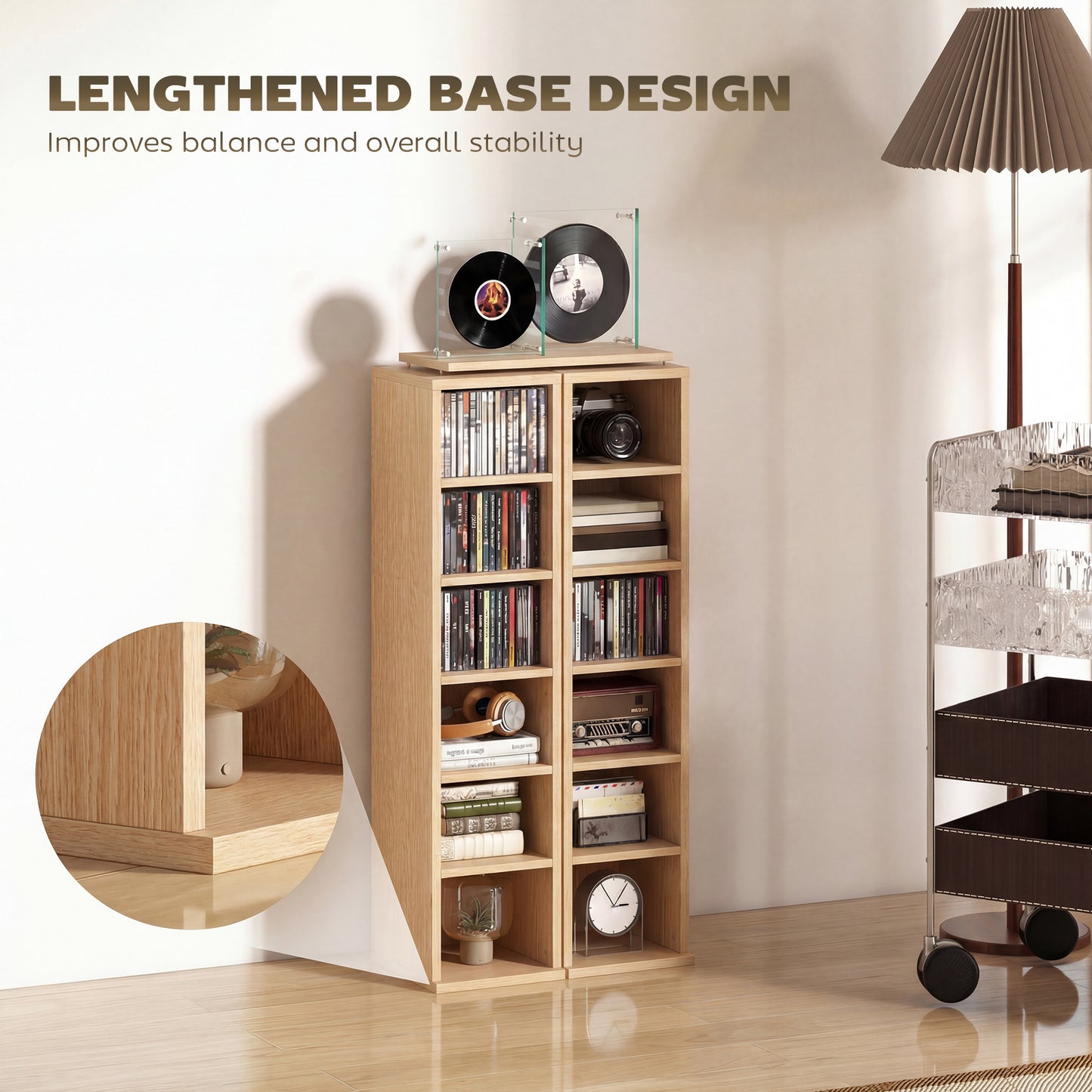 HOMCOM Set Of 2 CD Media Display Shelf Units Tower Rack With Adjustable Shelves Holds Up To 102 CDs Natural Finish