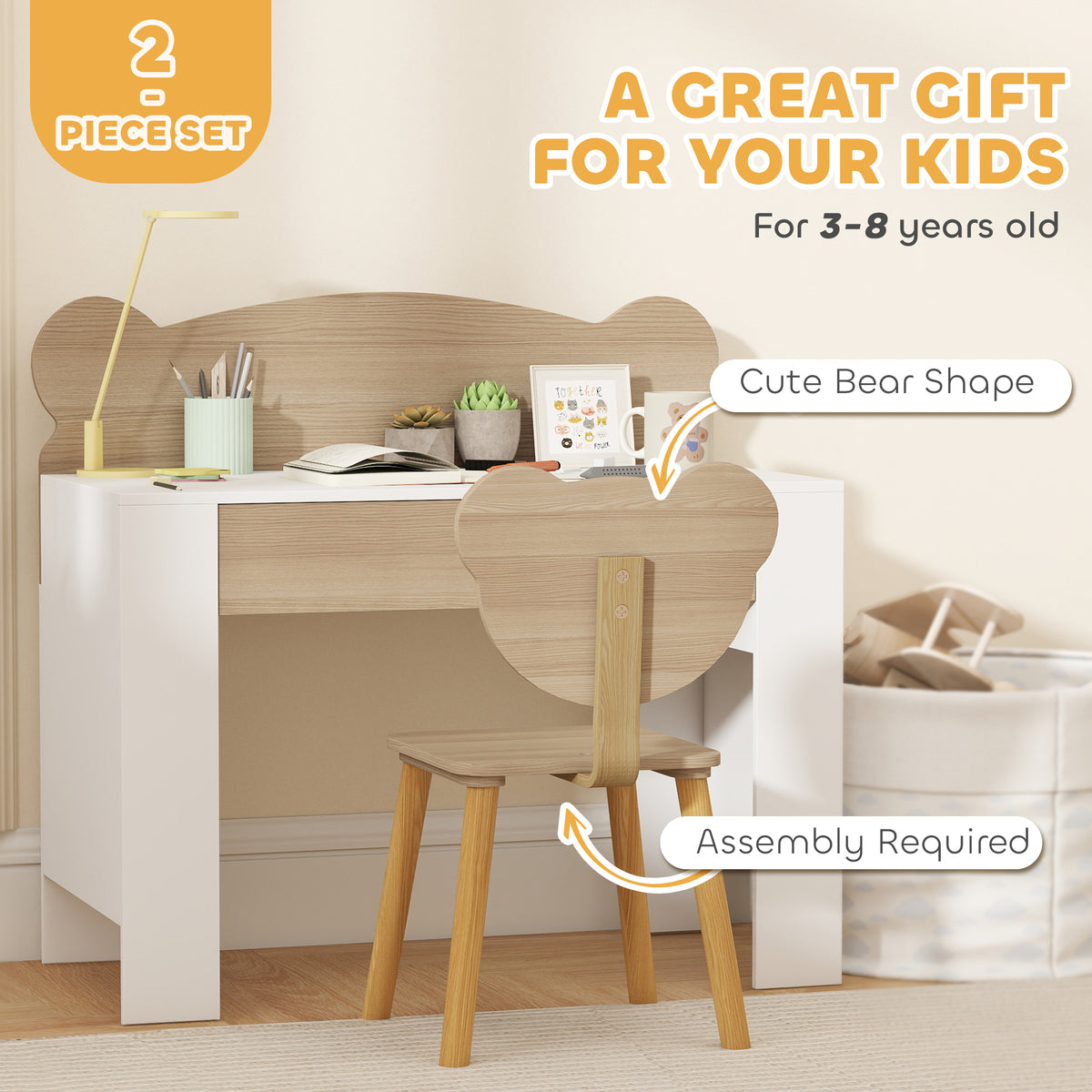 AIYAPLAY Kids Desk and Chair Set with Drawer Bear Theme for Drawing and Reading