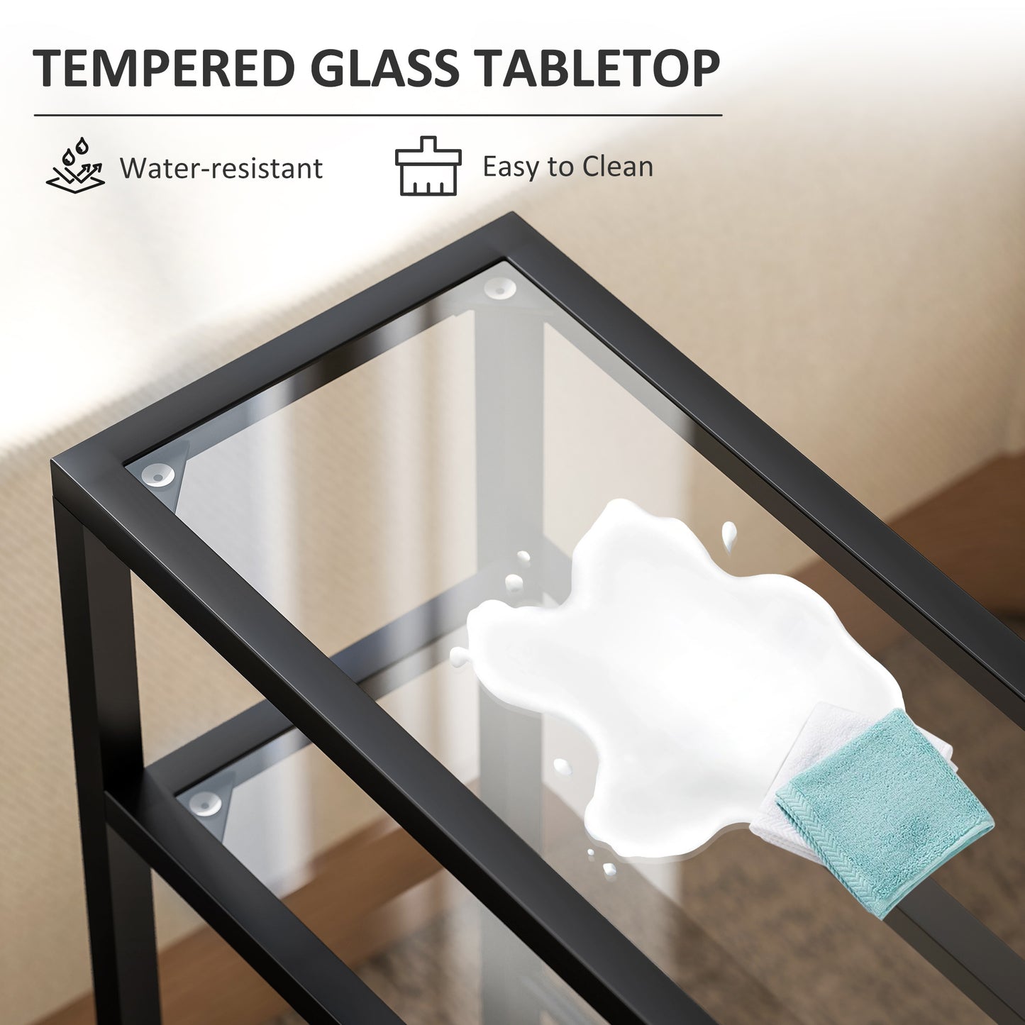HOMCOM Three Tier Side Table With Tempered Glass Top And Storage Shelf For Small Spaces Black