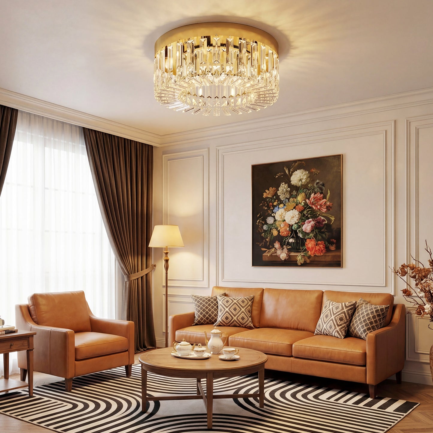 HOMCOM Crystal Chandelier With 160 Crystal Pendants 6 Light Gold Ceiling Fixture For Living Room Bedroom Dining Room