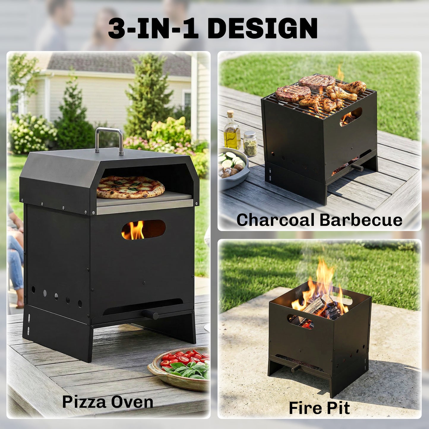 Outsunny 3 In 1 Outdoor Pizza Oven Portable Wood Fired Pizza Maker With Handles Stone And Peel Charcoal Grill