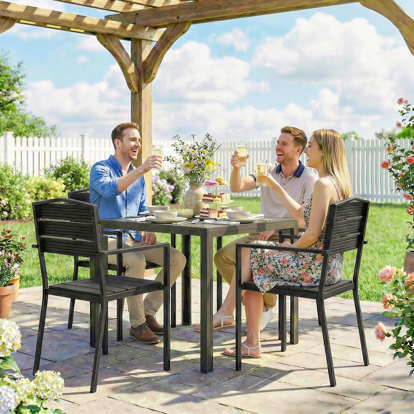 Outsunny Stackable Garden Chairs Set Of 4 Dining Chairs With Slatted HDPE Seat Back And Armrests Metal Frame Black