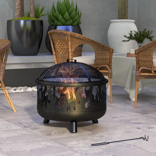 Outsunny Black Steel Fire Pit BBQ with Poker - Multi-Functional Outdoor Fire Feature for Grilling and Entertaining