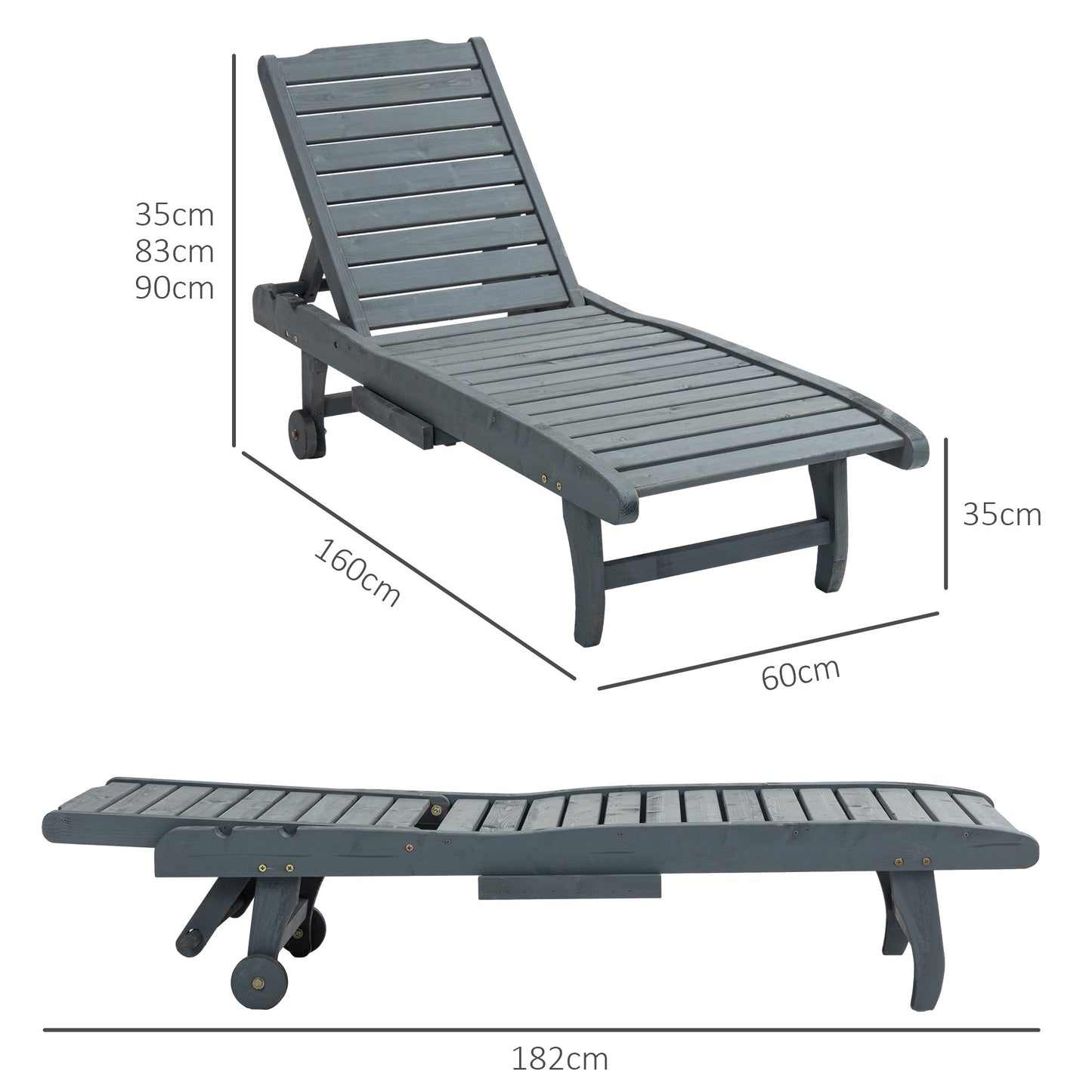 Outsunny Wooden Garden Sun Lounger With Built In Table Rolling Wheels Reclining Backrest And Side Tray Grey