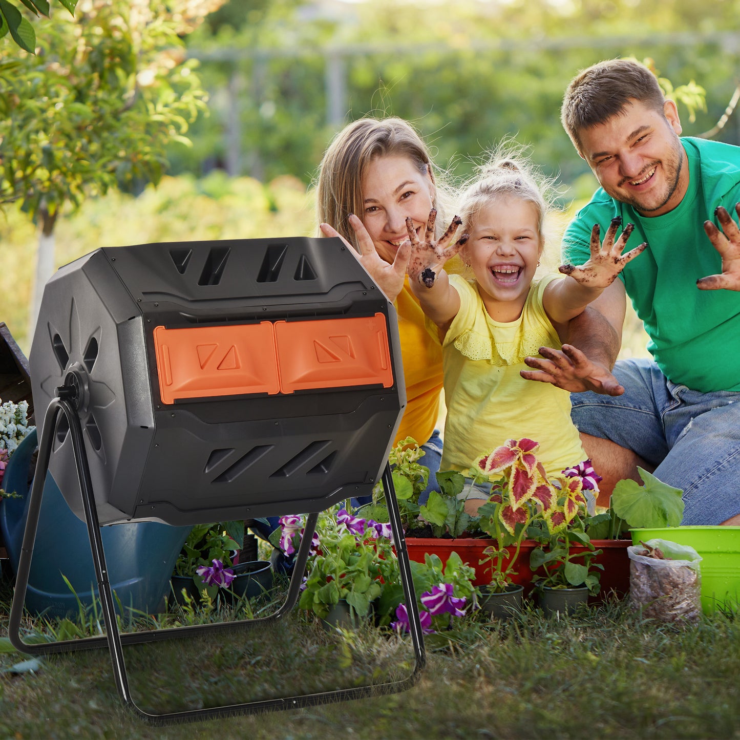 Outsunny 160L 360Â° Rotating Dual Chamber Composter - Orange