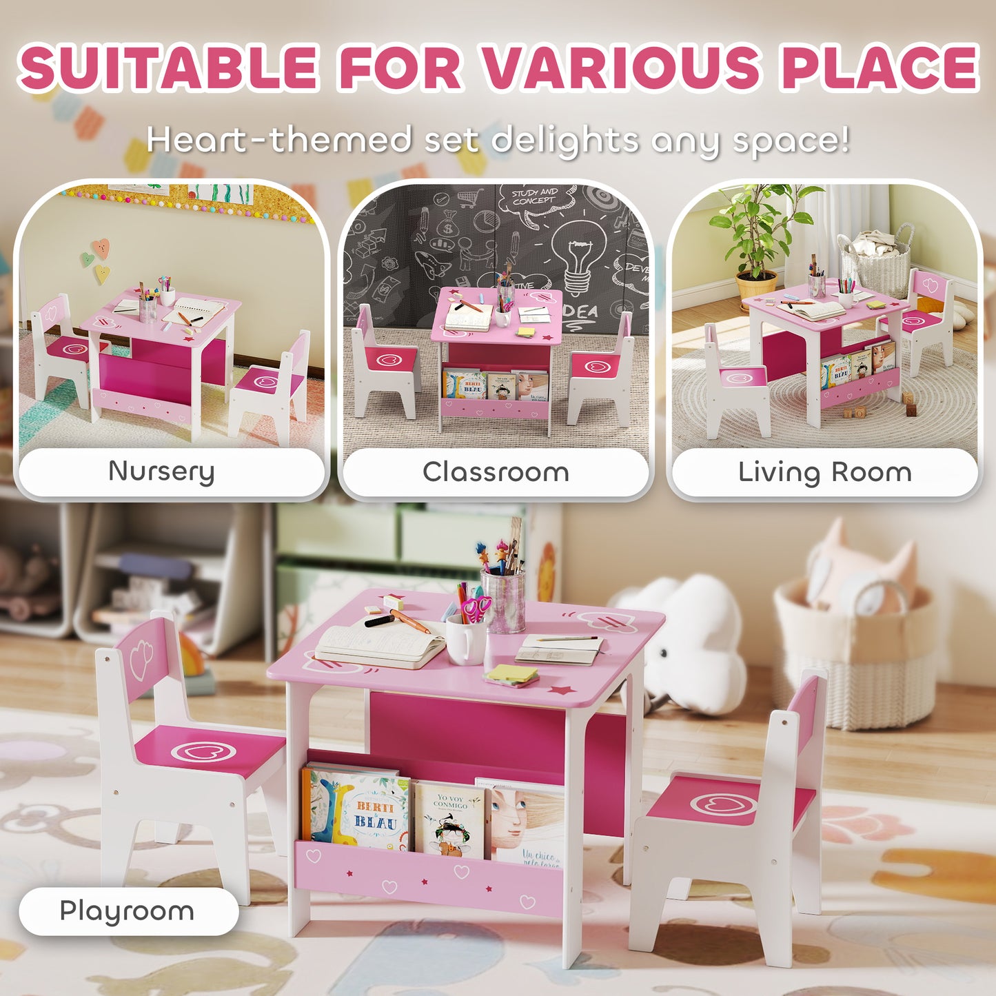 AIYAPLAY 3 Pieces Kids Table And Chair Set Pink With Built In Book Racks Toddler Activity Table For Living Room