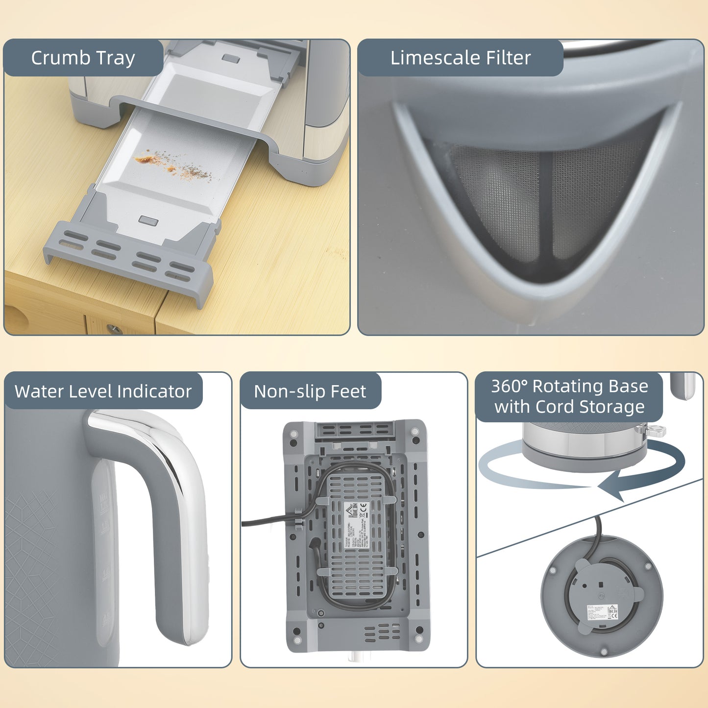 HOMCOM Sleek Textured Kettle And Toaster Set Grey Matte Finish With Curved Design
