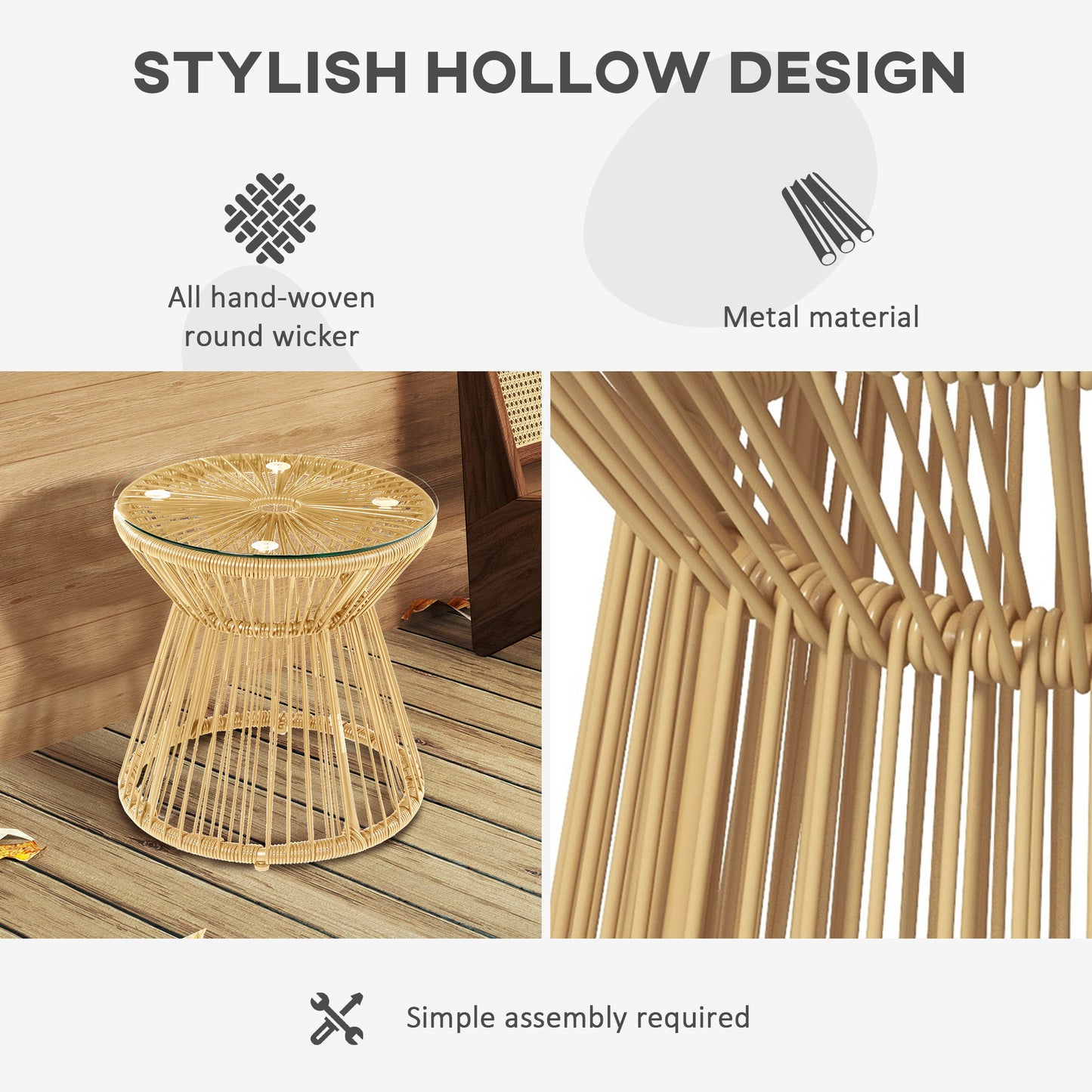 Outsunny Round End Table Rattan Side Table Hollow Drum Design With Glass Tabletop For Patio Garden Balcony Natural