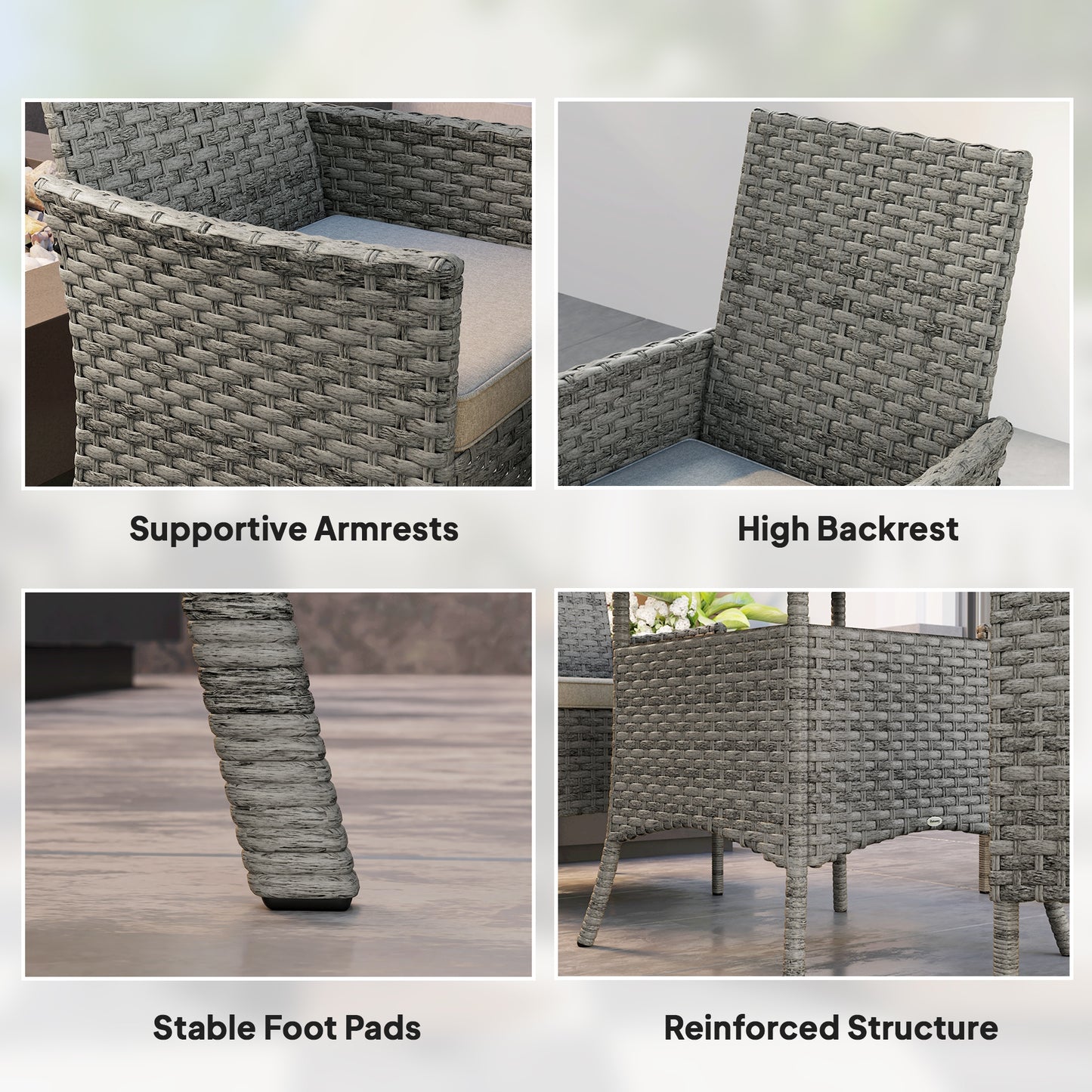 Outsunny Rattan Garden Furniture Set 4 Seater Outdoor Dining Table And Chairs With Cushions Grey Square Glass Top