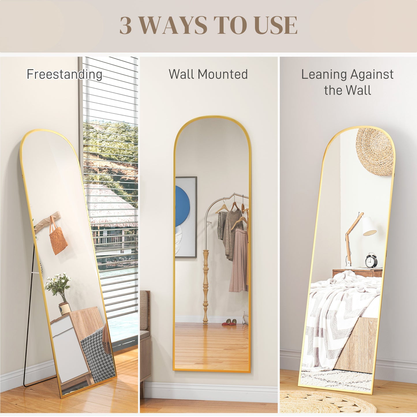 HOMCOM 162cm Aluminium Frame Standing Mirror Gold Two Way Design For Wall Mount Or Freestanding Back Leg