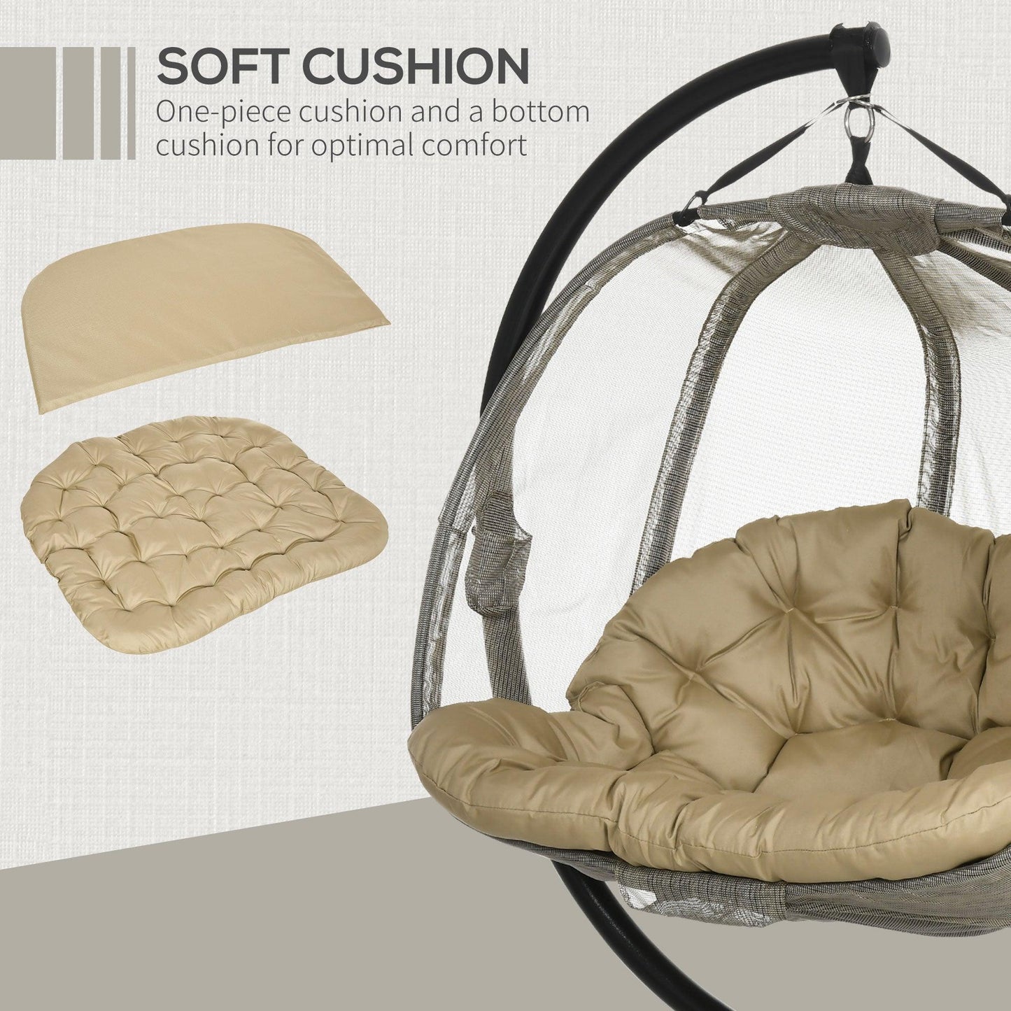 Outsunny Double Hanging Egg Chair Swing with Stand, Cushion - Brown - ALL4U RETAILER LTD