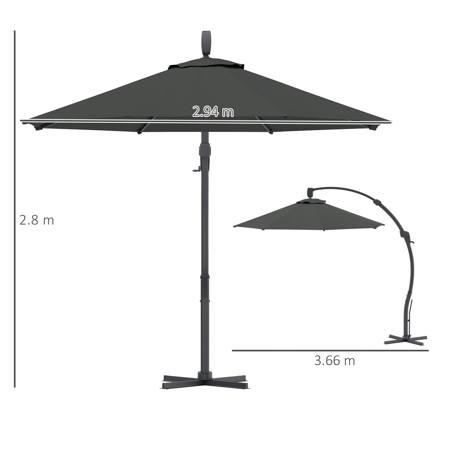 Outsunny 3m Cantilever Parasol Banana Patio Umbrella with Crank Handle Aluminum Frame Cross Base 360 Rotation Grey