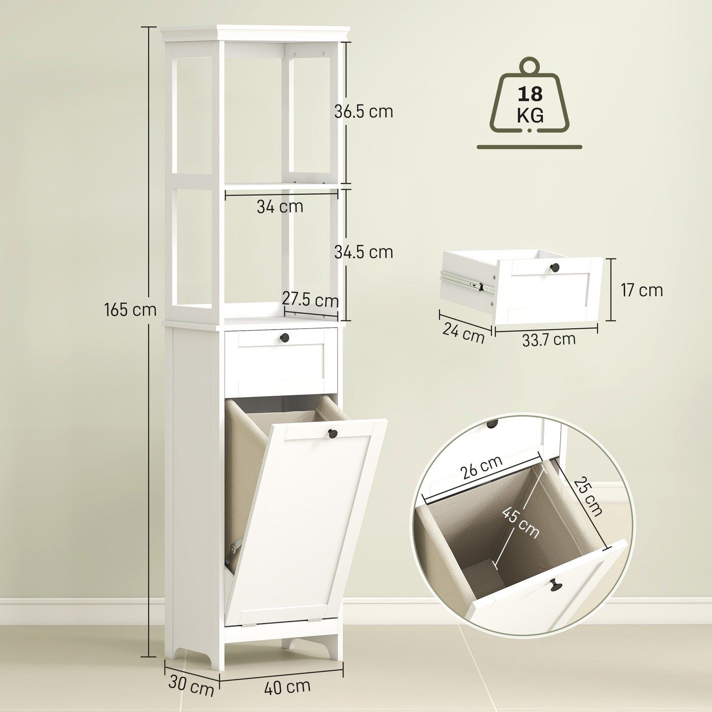 HOMCOM Tall Bathroom Cabinet With 30 L Laundry Hamper White Storage Organizer For Towels And Laundry