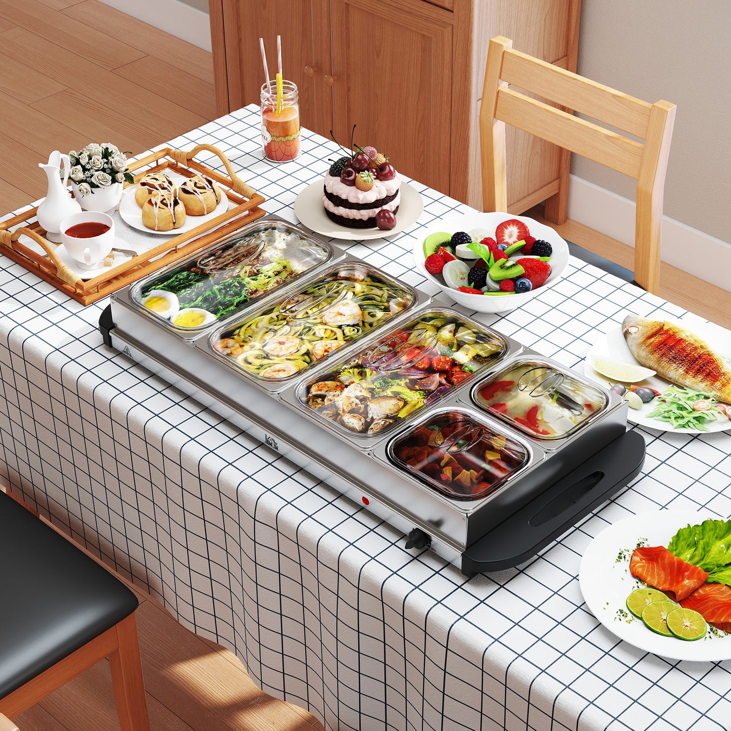 HOMCOM Five Tray Electric Buffet Warmer With Warming Plate And Adjust Temp Cool Touch Handles 300W 3X2.4L And 2X1L Pans