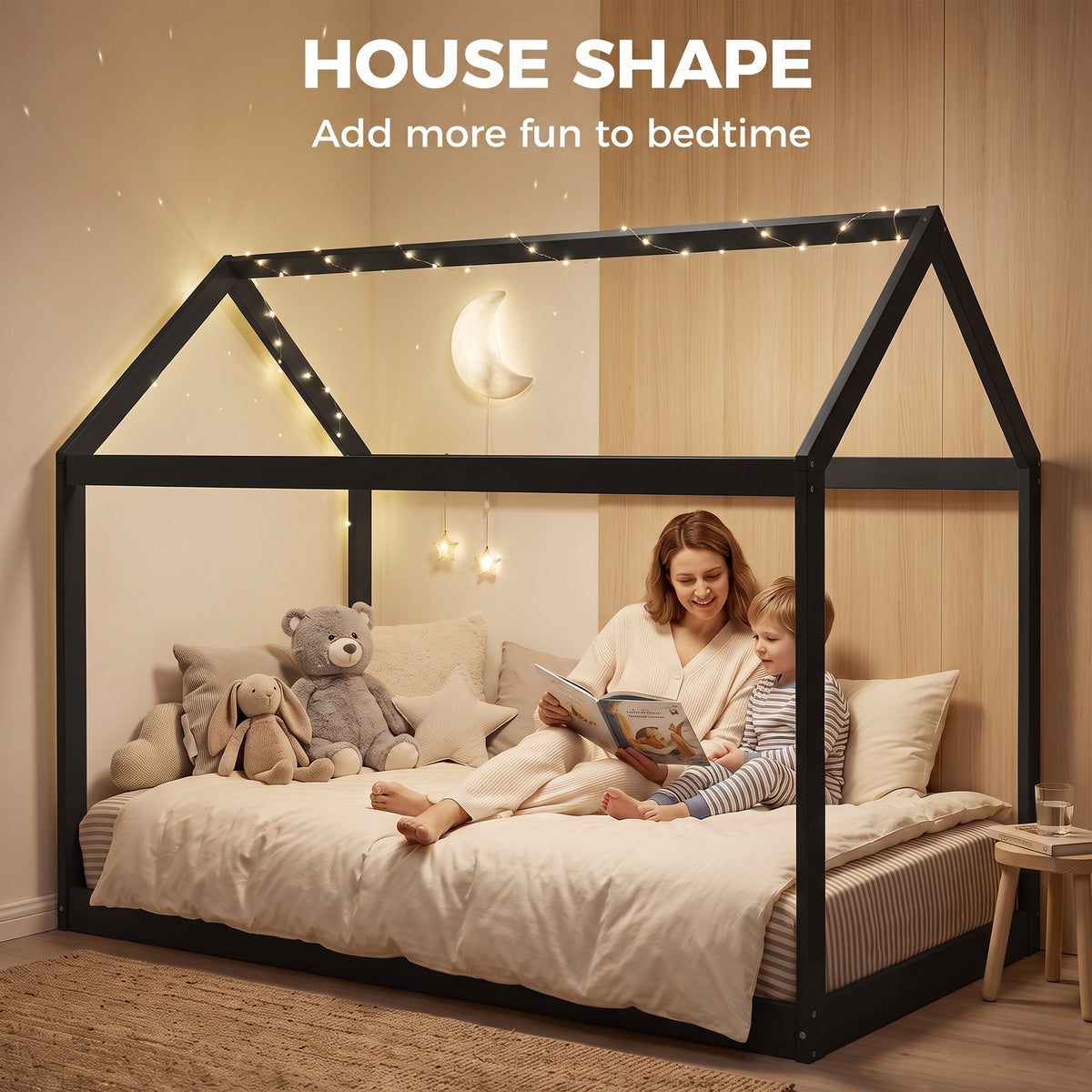 Homcom House Shaped Single Bed Frame Scandinavian Wood Platform Base Black