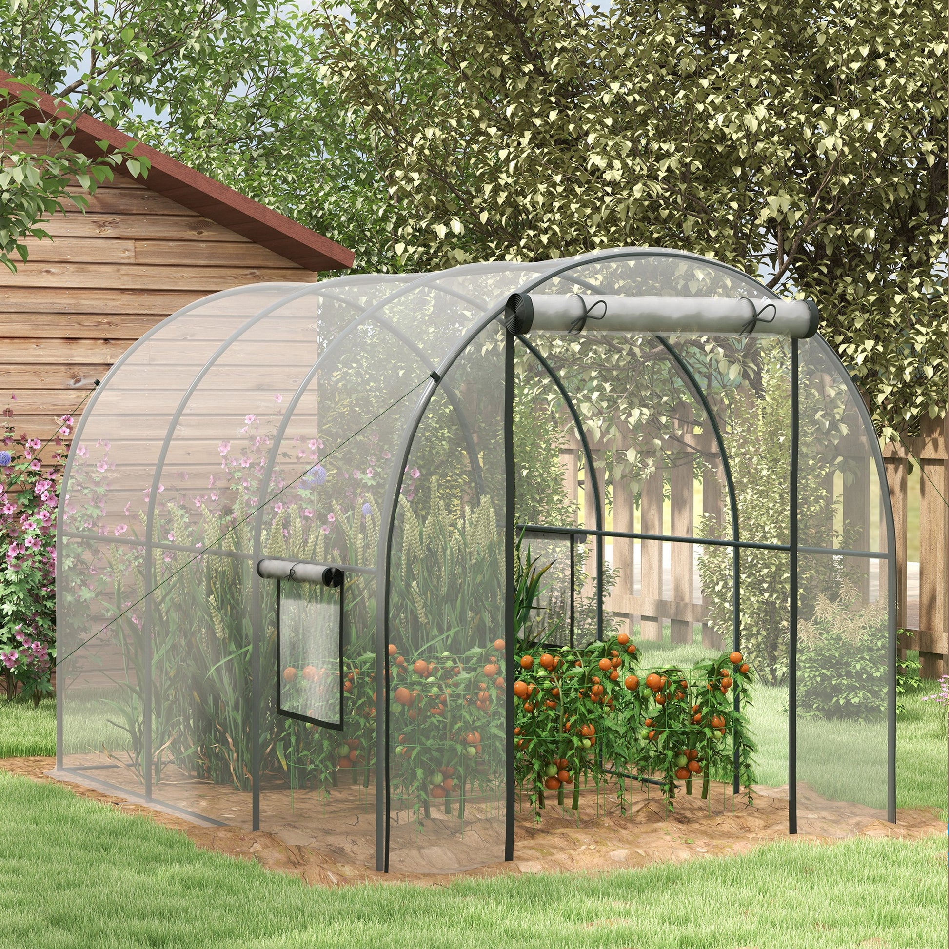 Outsunny Outdoor Walk-In Polytunnel Greenhouse with Clear Plastic Cover, Roll-Up Door, and Mesh Windows - 3x2m Steel Frame - ALL4U RETAILER LTD