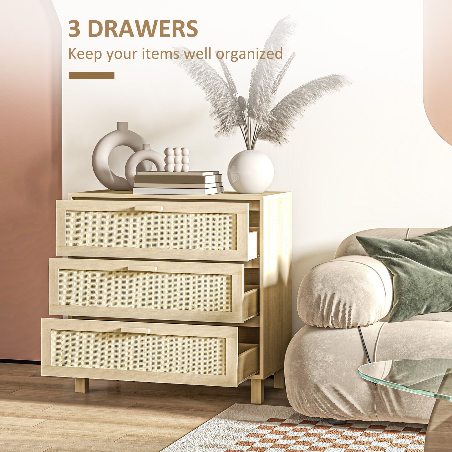 HOMCOM Chest Of Drawers And Nightstands Boho Rattan Furniture Set Natural Wood Finish