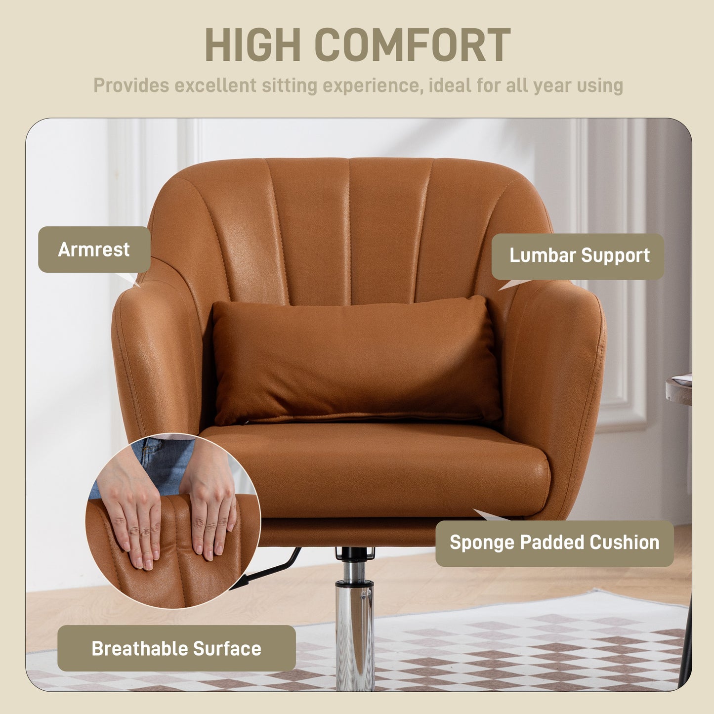 HOMCOM Swivel Tub Chair With Microfiber Upholstery Vanity Style Armchair Adjustable Height And Lumbar Support Brown