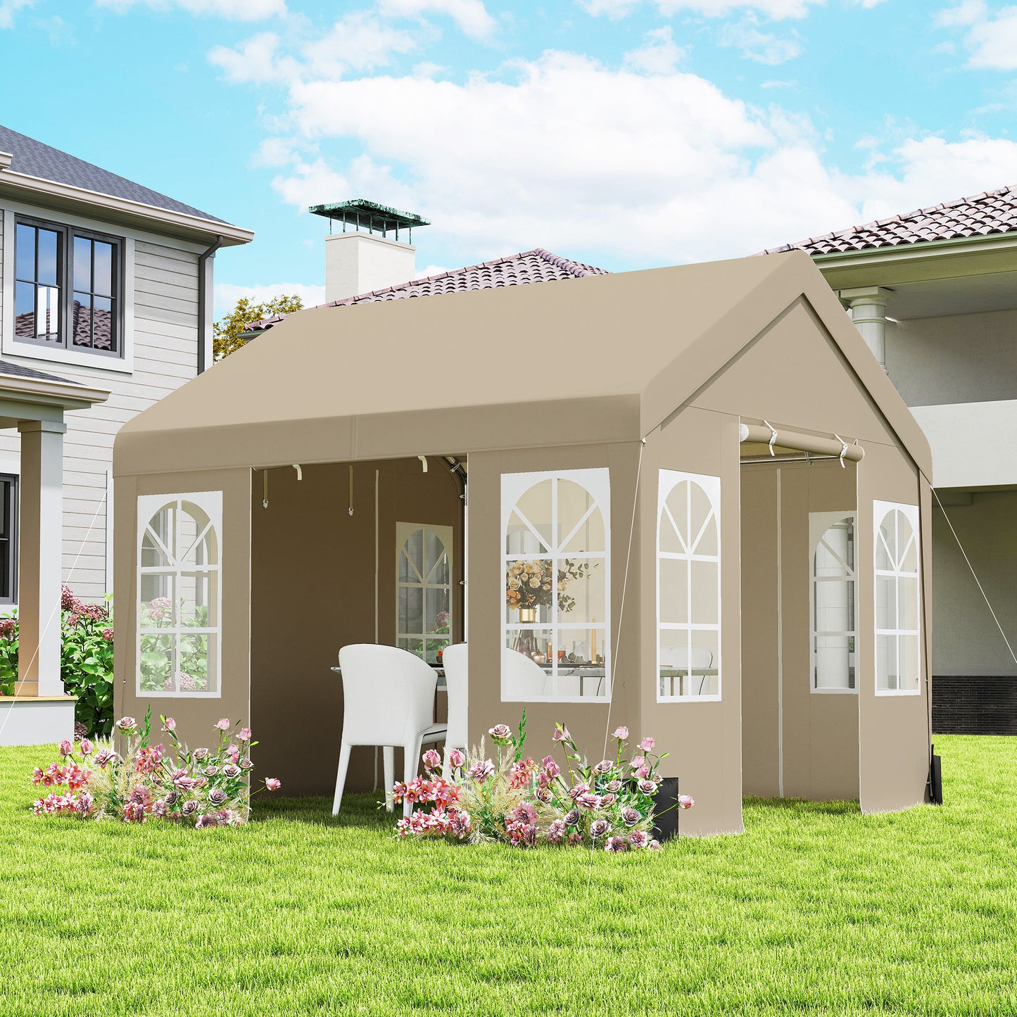 Outsunny 3x3m Party Tent Outdoor Canopy Shelter With Removable Sidewalls And 4 Zip Doors For Parties And Weddings Beige