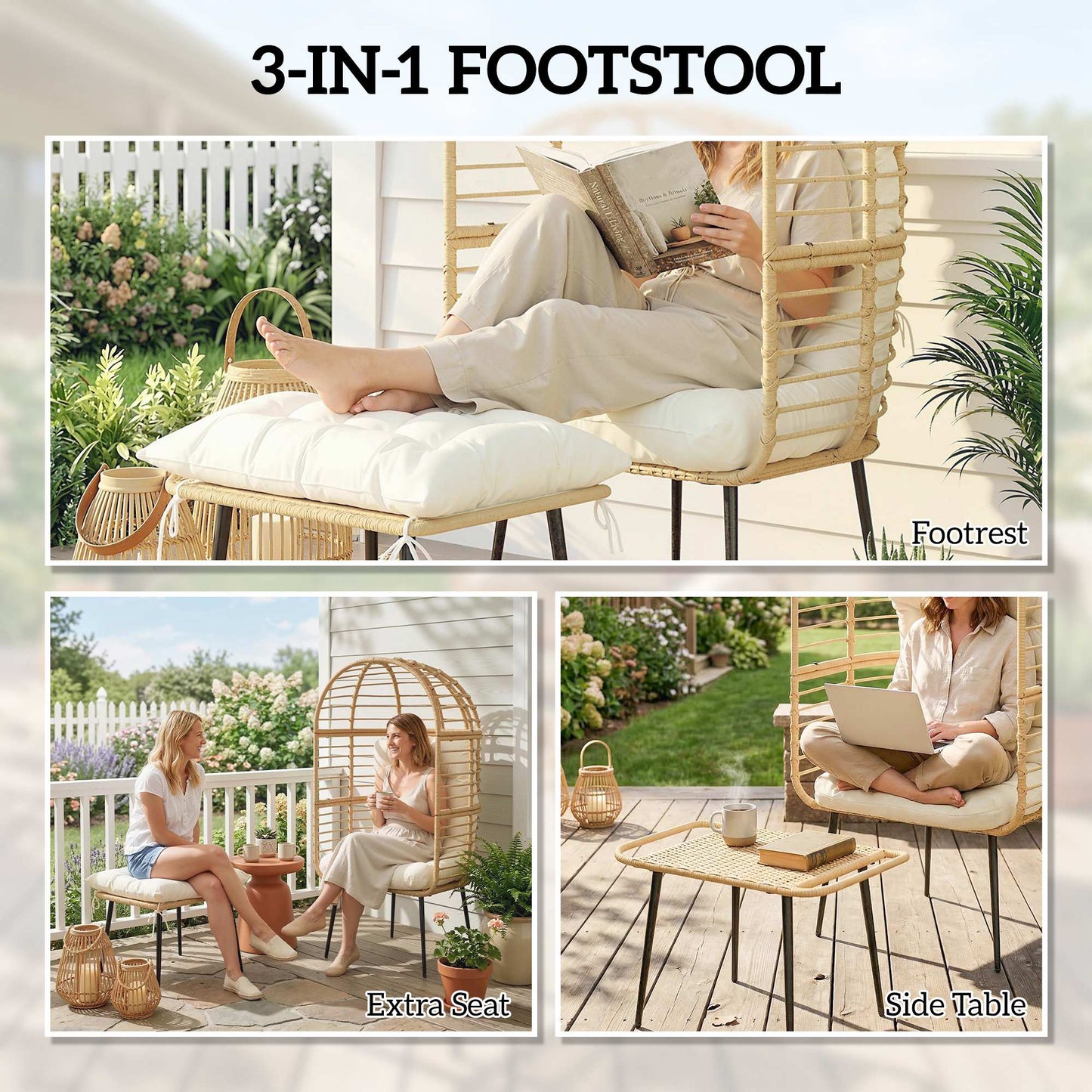 Outsunny Garden Egg Chair With Footstool Rattan Indoor Outdoor Lounge Chair And Ottoman Set Beige Cushions
