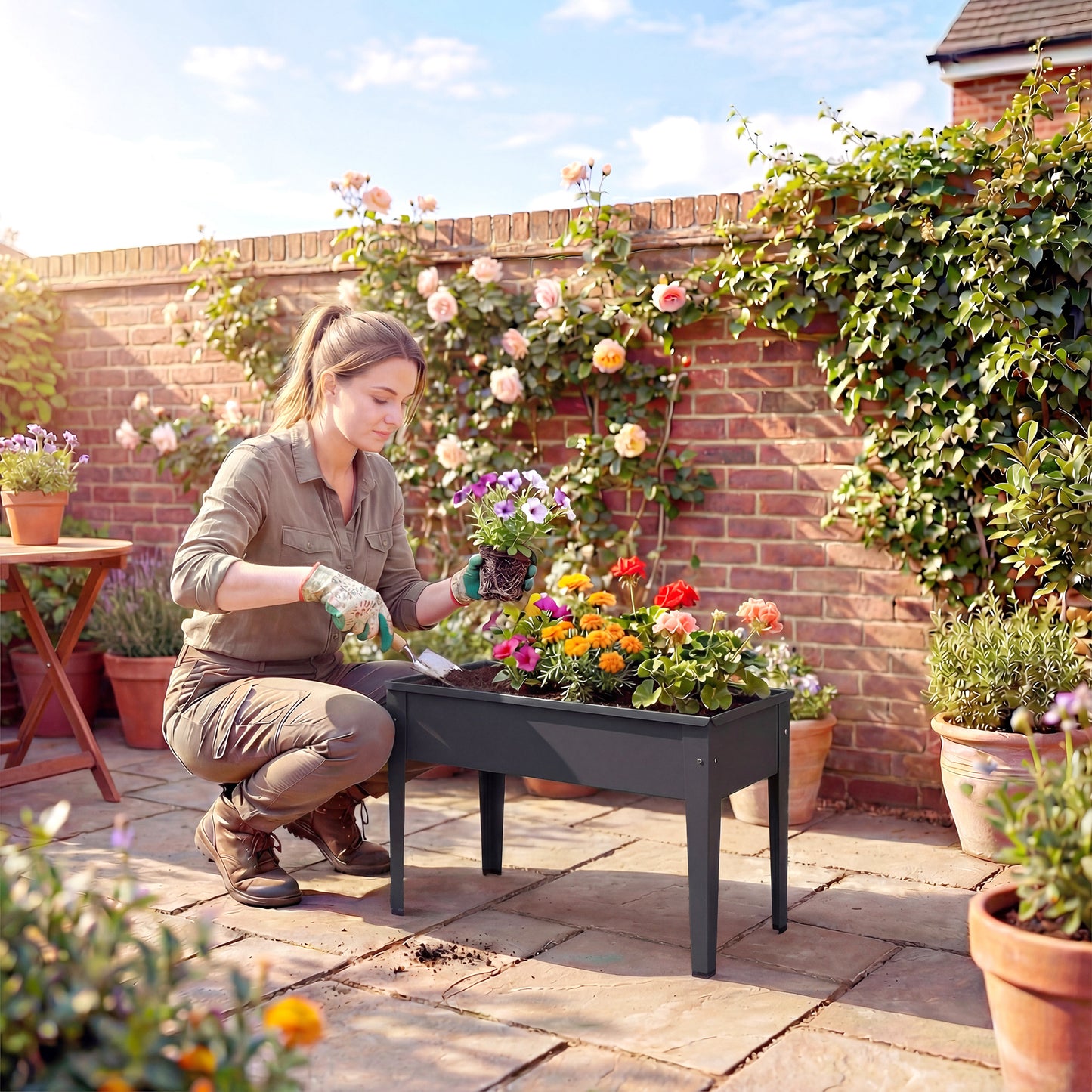 Outsunny Powder Coated Metal Raised Planter On Legs Garden Bed With Drainage Hole And Foot Covers Black