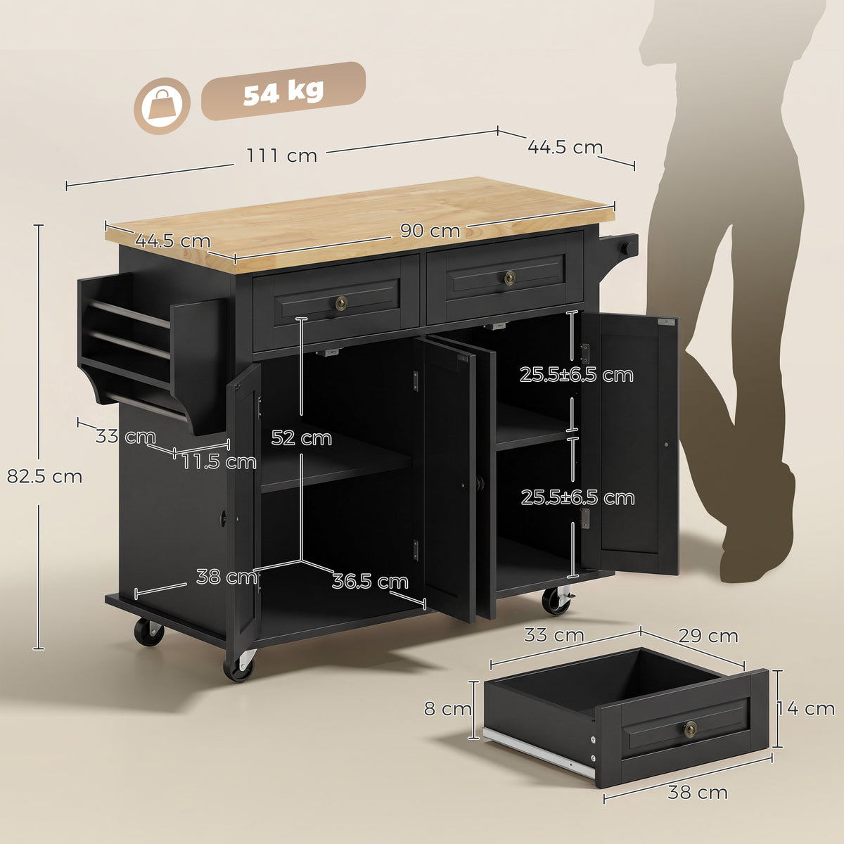 Rolling kitchen island cart with rubberwood top showing size dimensions and cabinet layout