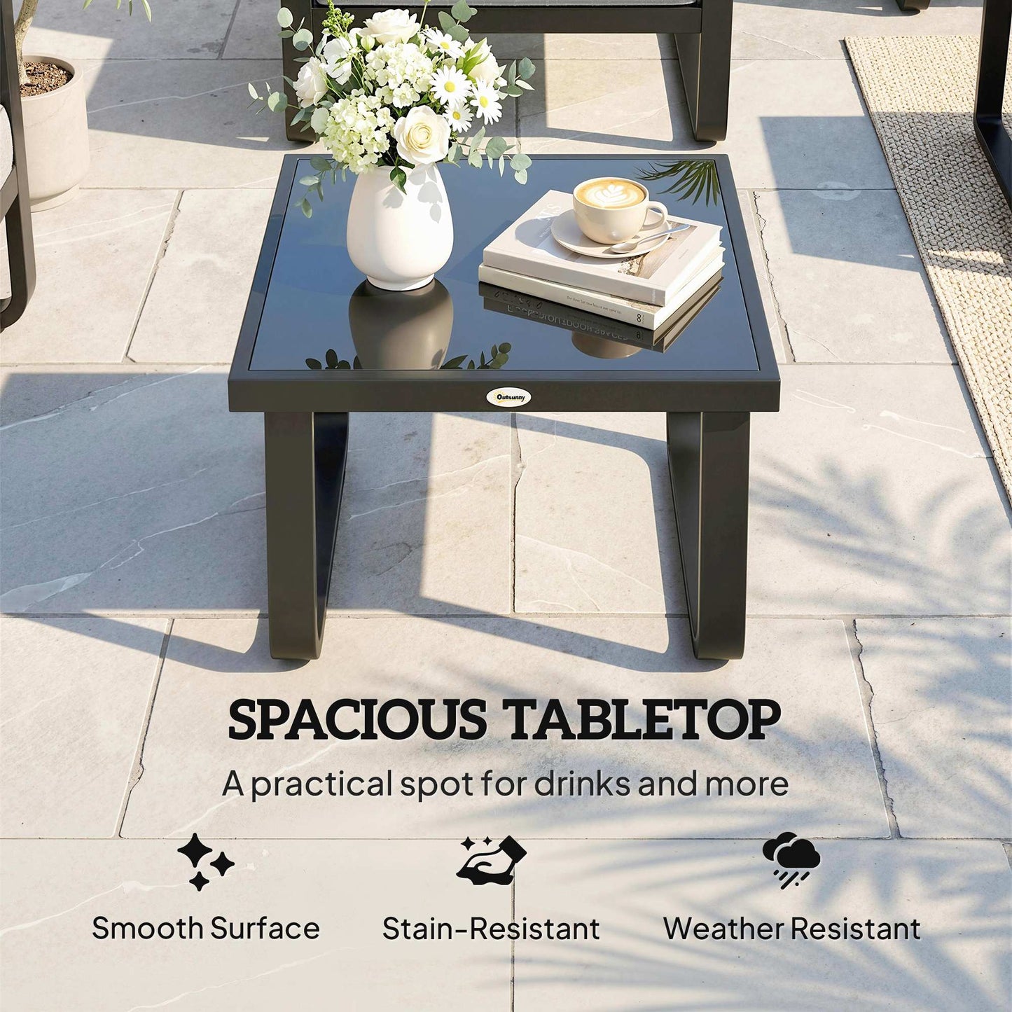Outsunny Outdoor Garden Coffee Table With Rectangular Tempered Glass Top And Adjustable Foot Pads