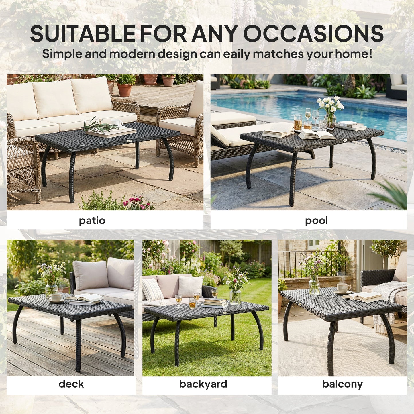 Outsunny PE Wicker Rattan Garden Outdoor Coffee Table Black Rectangular All Weather Durable Metal Frame For Patio