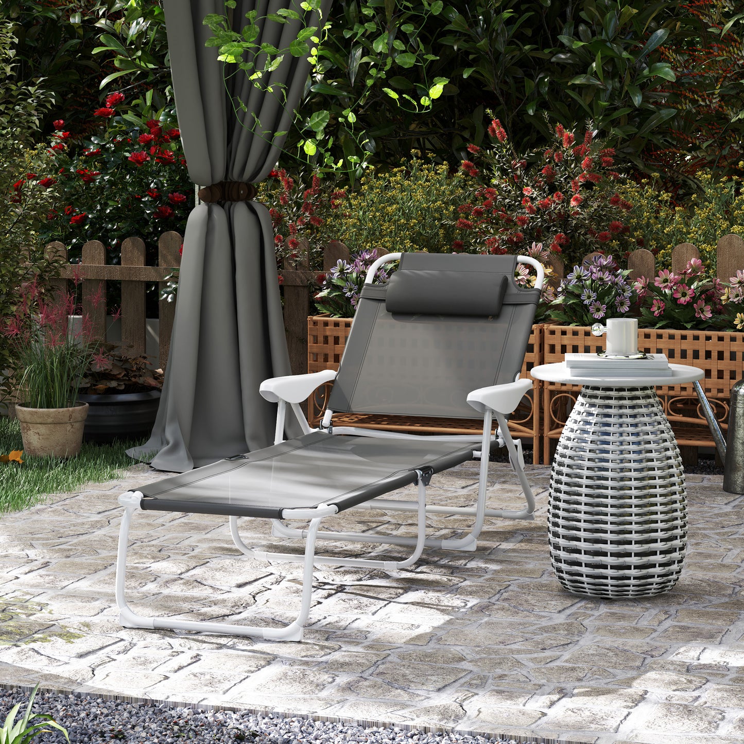 Outsunny Foldable Lounge Chair With 4 Level Adjustable Backrest And Headrest Charcoal Grey Outdoor Lounger