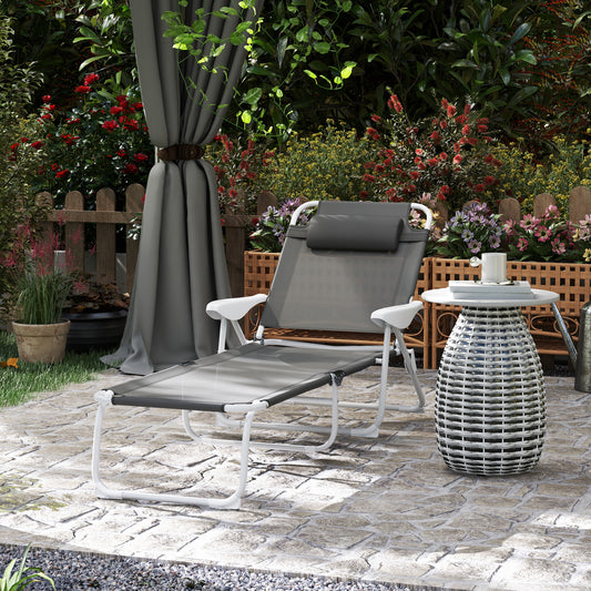 Outsunny Foldable Lounge Chair With 4 Level Adjustable Backrest And Headrest Charcoal Grey Outdoor Lounger