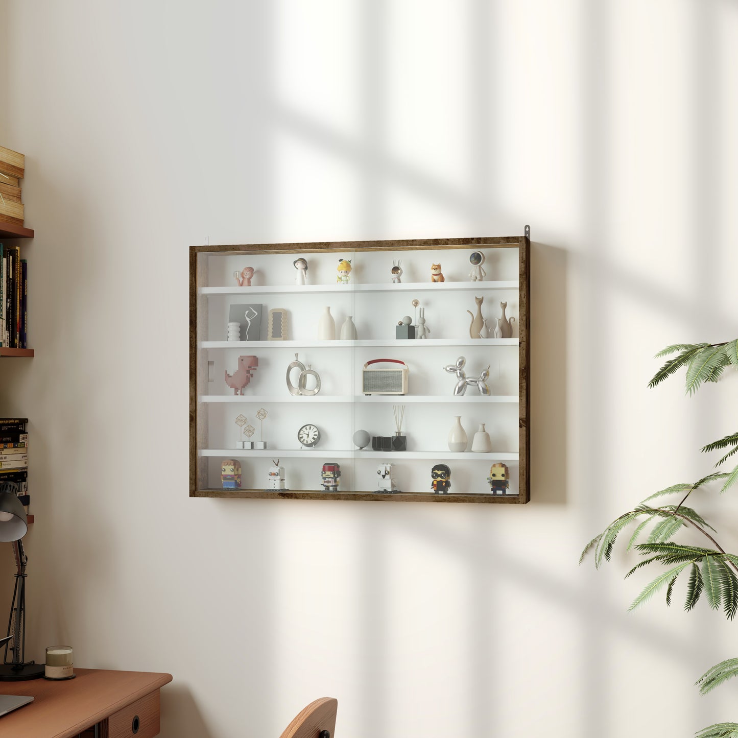 HOMCOM 5 Tier Wall Display Cabinet With Glass Doors 60x80cm Rustic Brown And Four Adjustable Shelves